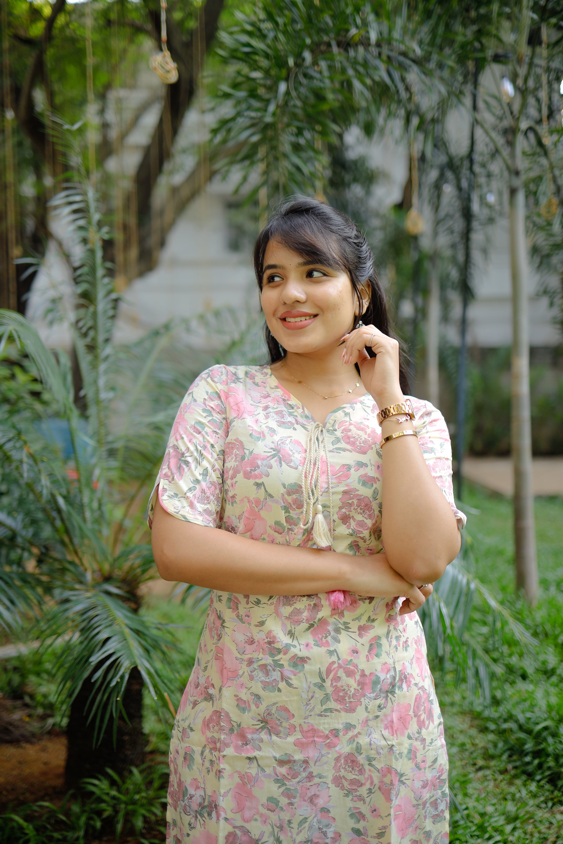 Pragati - floral hand block printed organic cotton 2 pc kurta set in yellow and pink