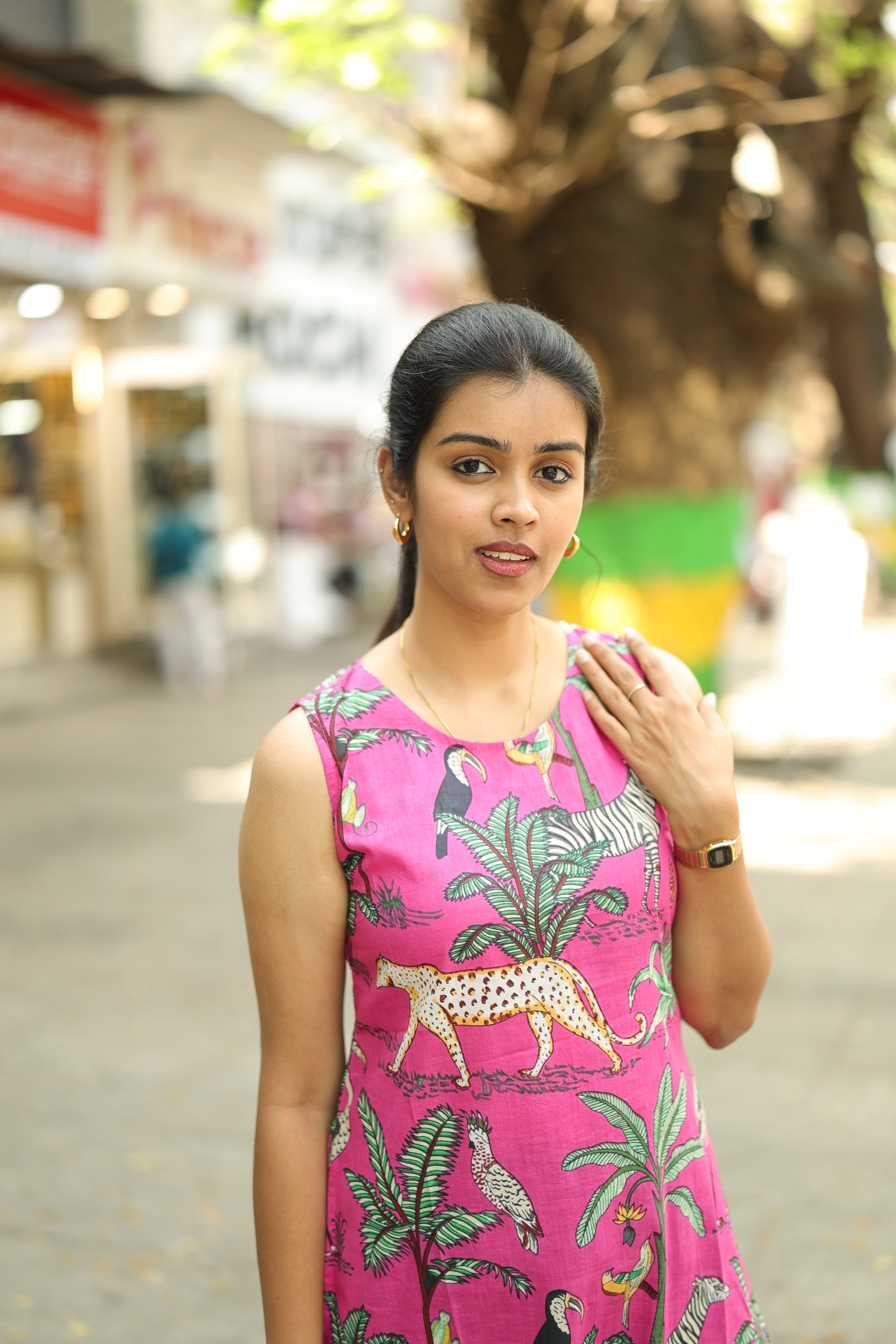 Dress 28 - Tropical animal printed organic cotton dress in pink