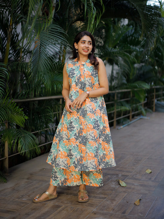 Aveena - multi colour leaf handblock printed halter neck kurta set