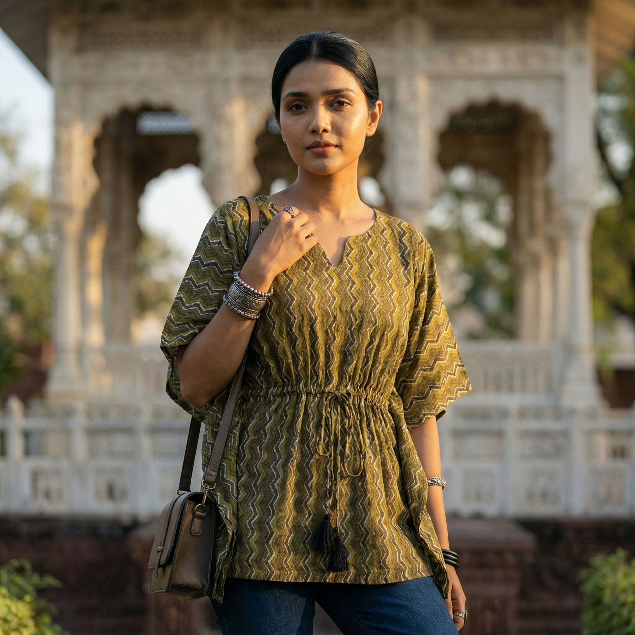 Kaftan Top #25- Zigzag printed organic cotton kaftan top in olive green