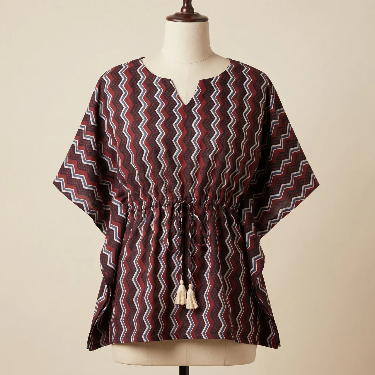 Kaftan Top #33- Zigzag printed organic cotton kaftan top in burgundy