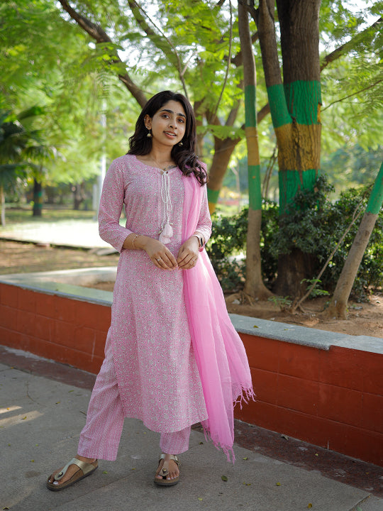 Poojitha - pink floral handblock printed cotton suit set with kota dupatta