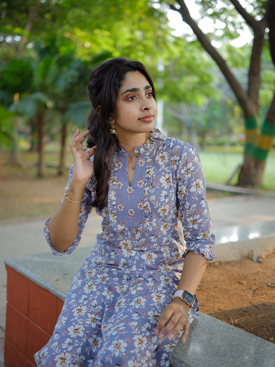Swarga - floral hand block printed cotton kurta set in grey