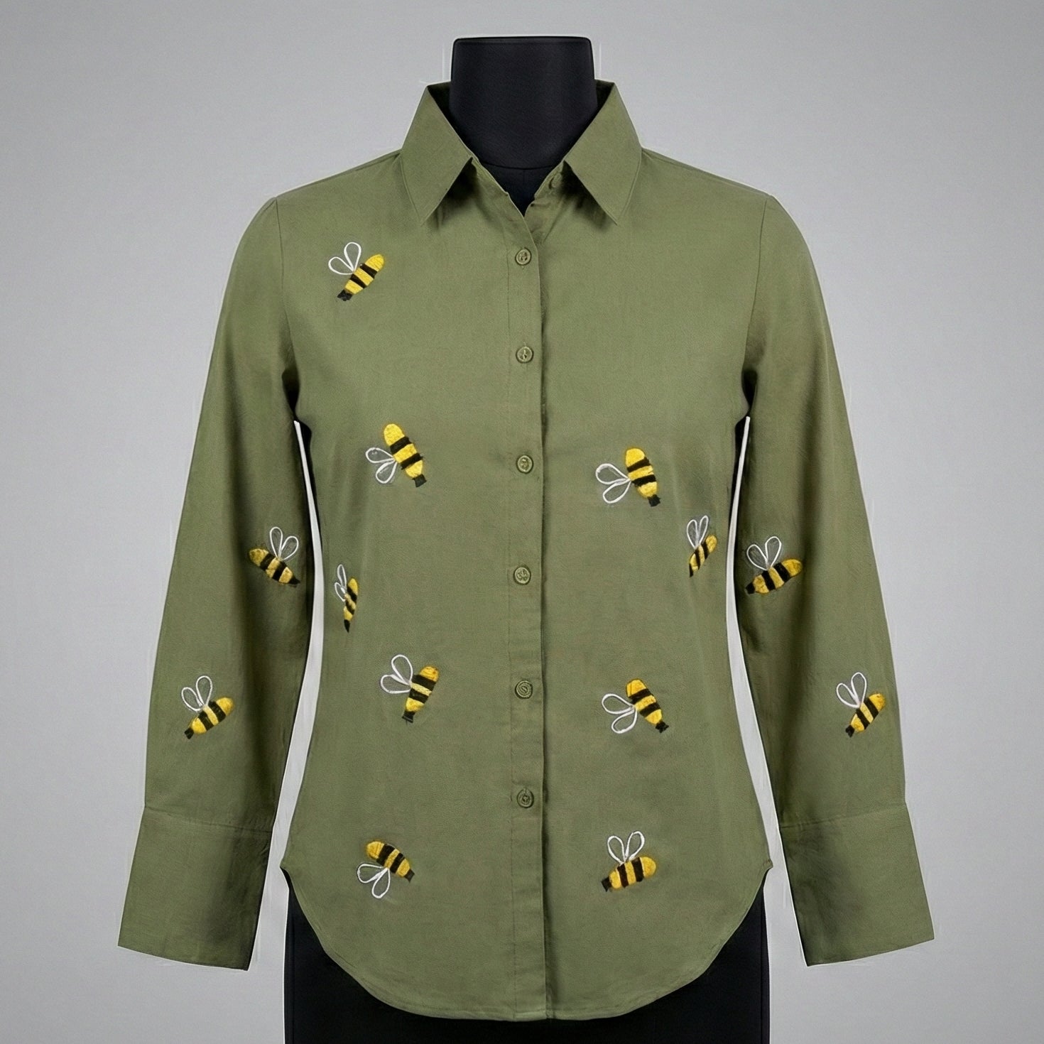 Embroidery shirt 4-Cute bee hand embroidered organic cotton shirt in olive green