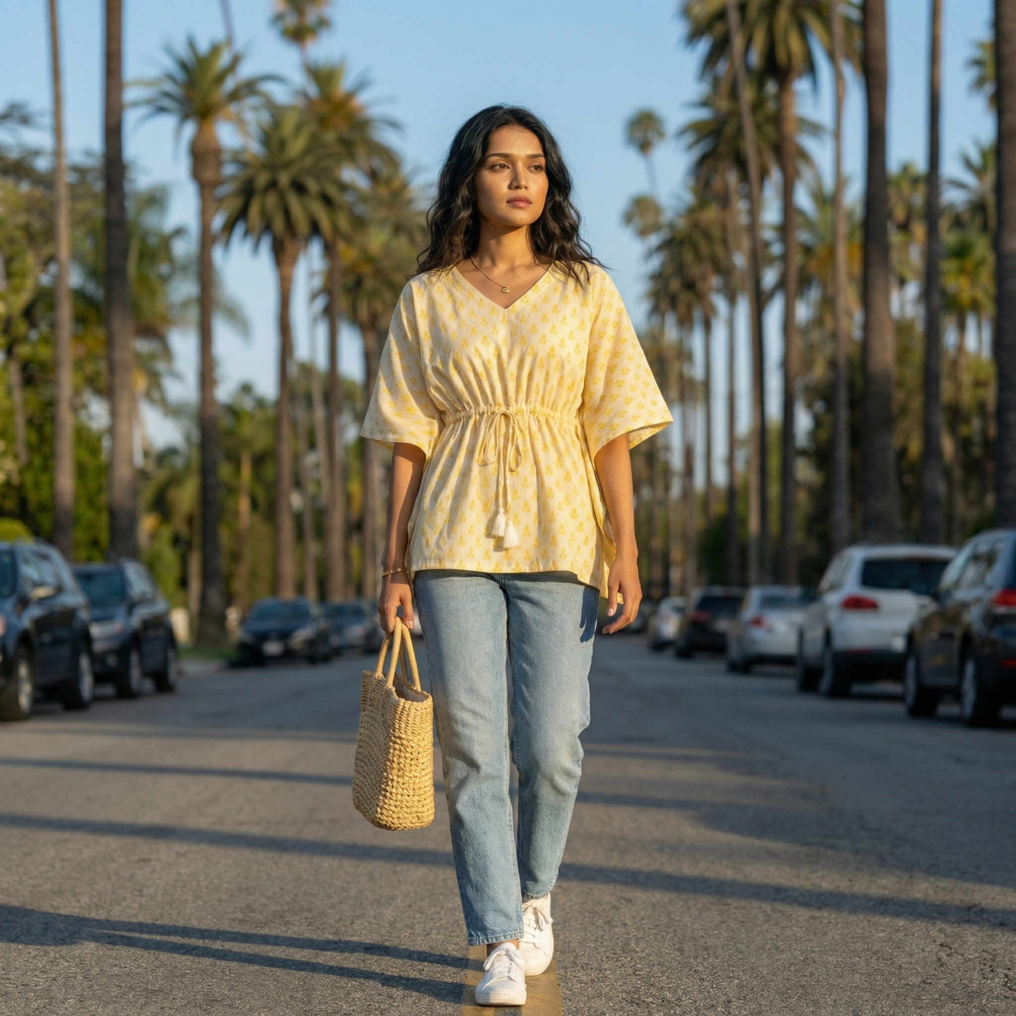Kaftan Top #24- Floral leaf printed organic cotton kaftan top in off white and yellow