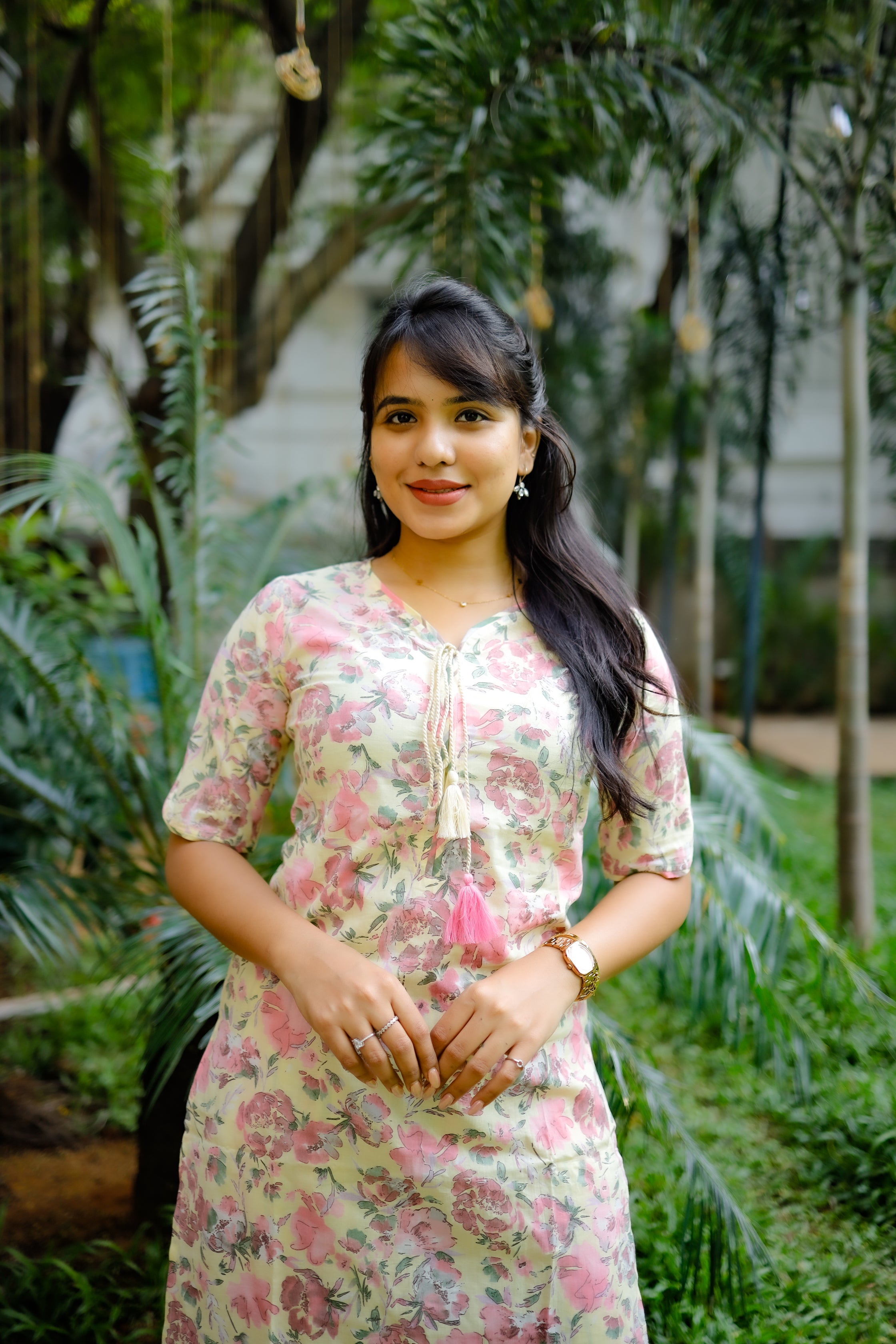 Pragati - floral hand block printed organic cotton 2 pc kurta set in yellow and pink