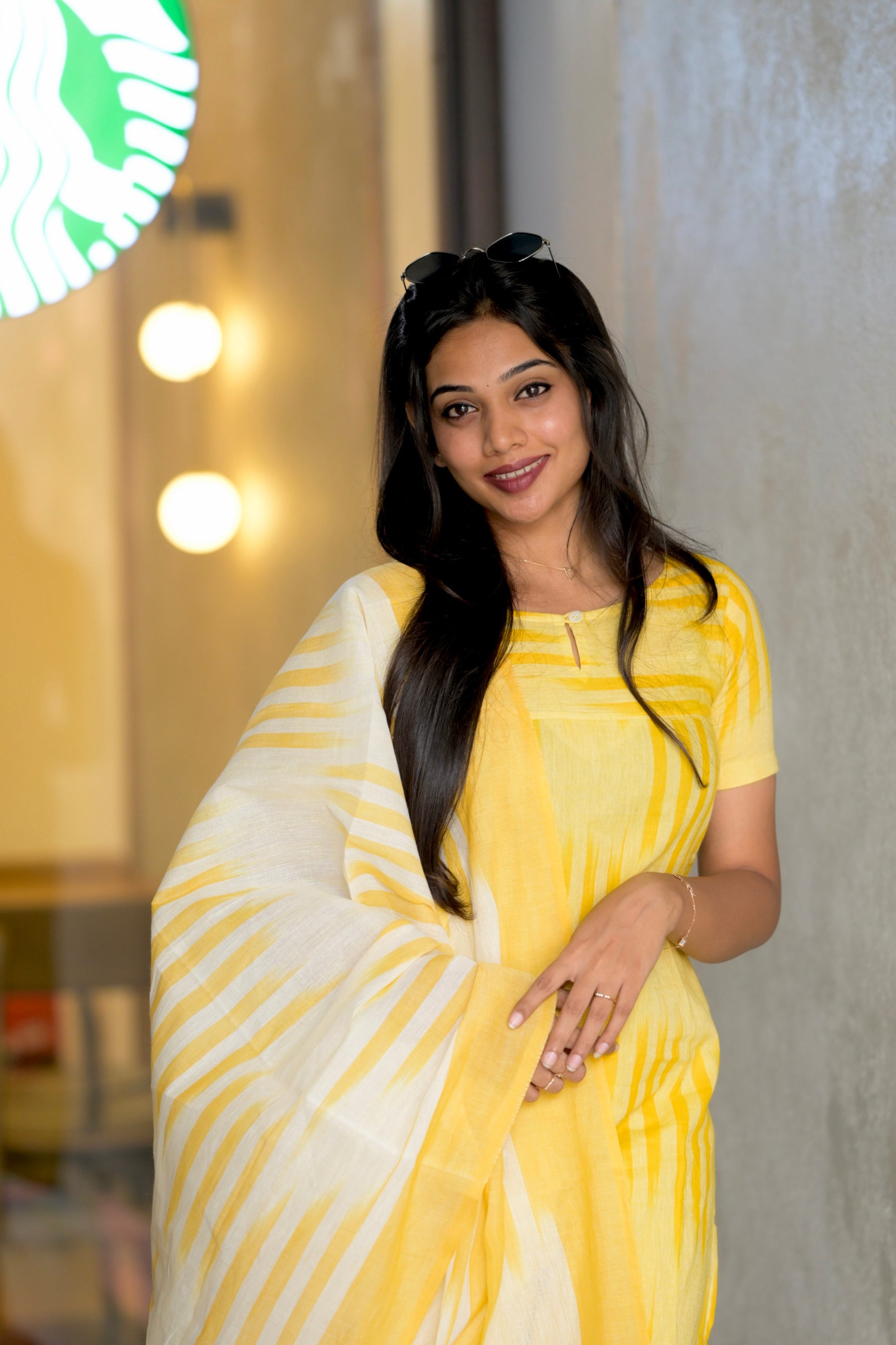 Kalki(lemon yellow)-ikkat handloom cotton suit with dupatta in lemon yellow