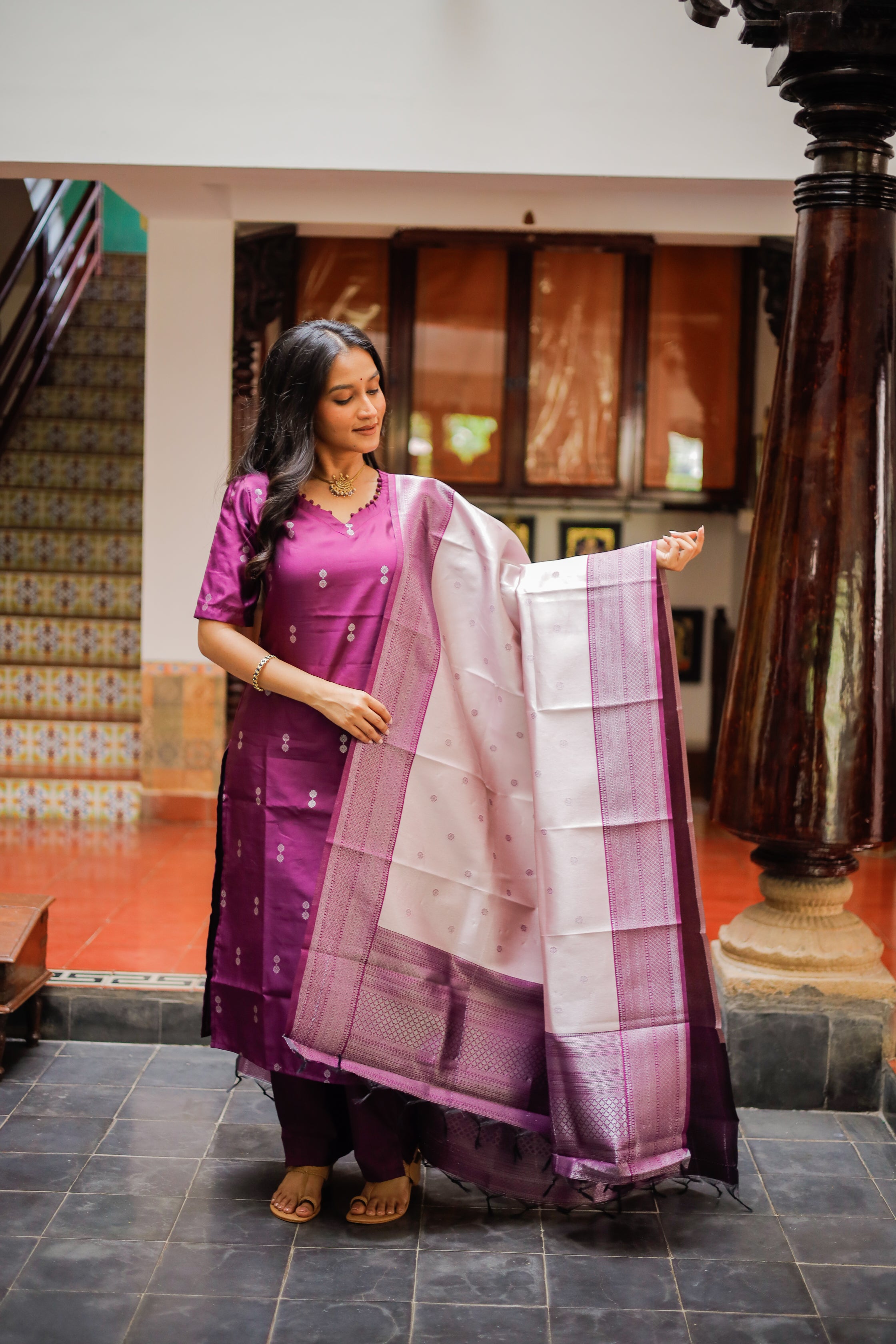 Ilavarasi (purple) - silver zari vegan silk suit set in purple and lavender