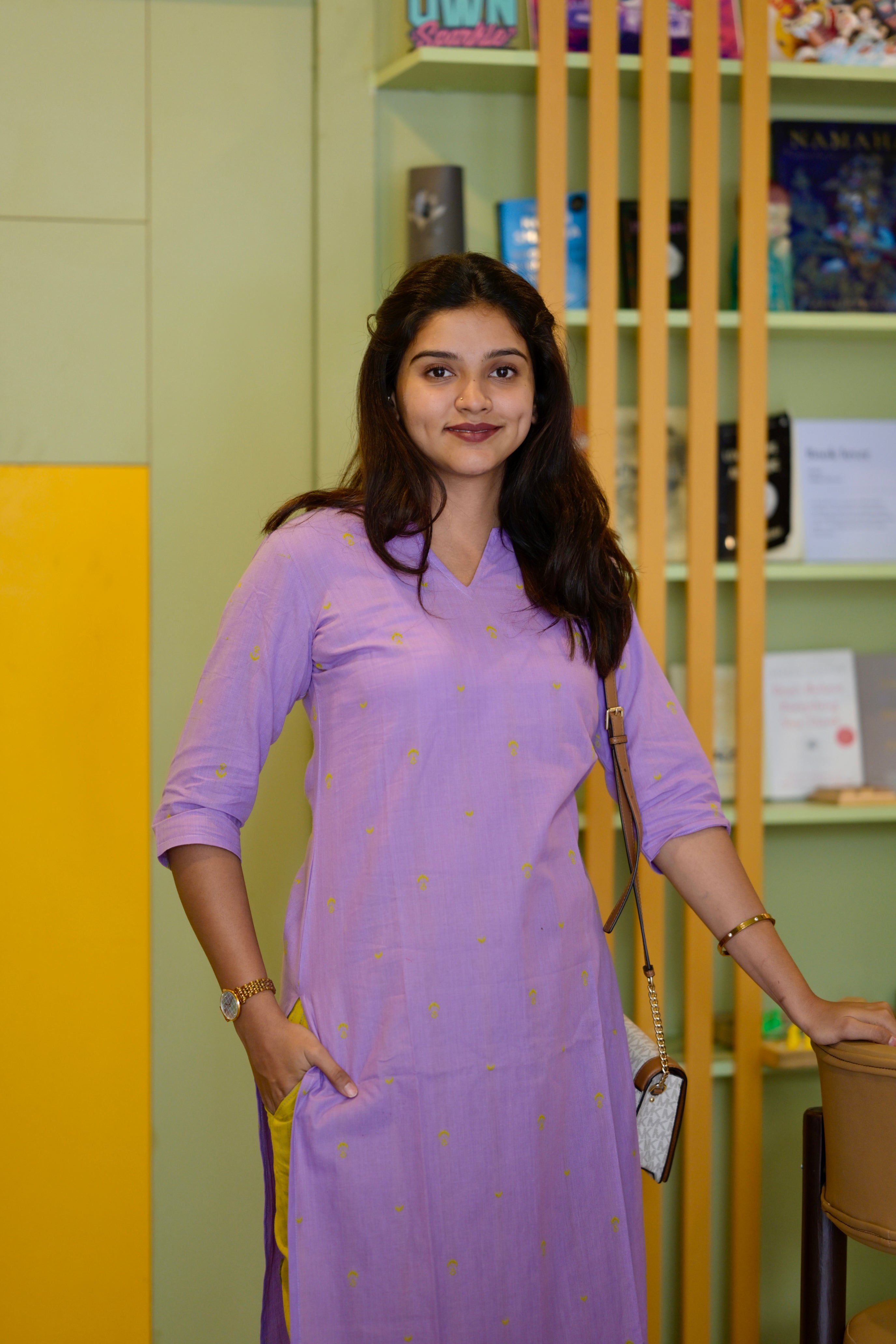 Rakshita - handloom cotton kurta set in purple and green