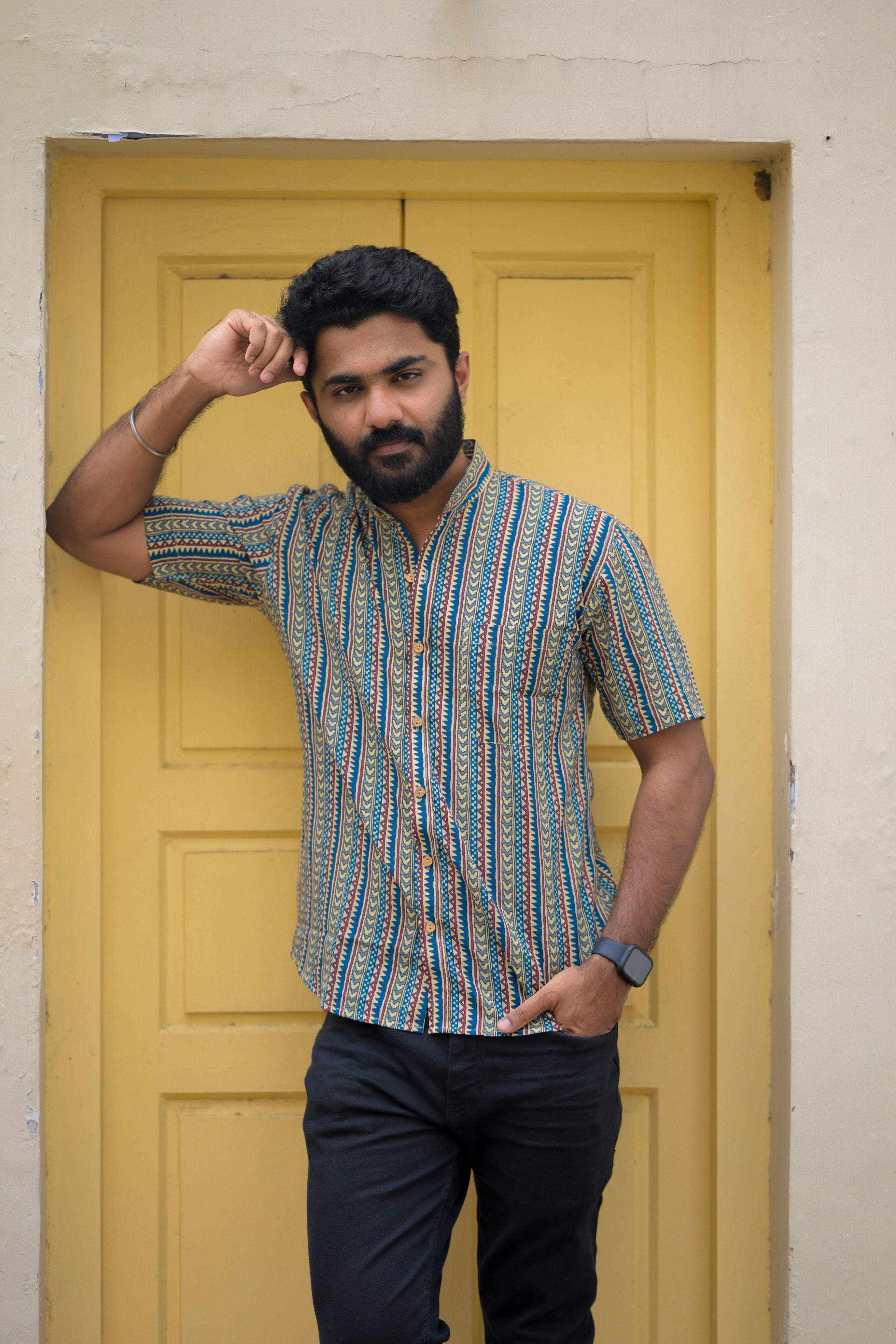 Shirt - 28 - abstract handblock printed organic cotton shirt in blue