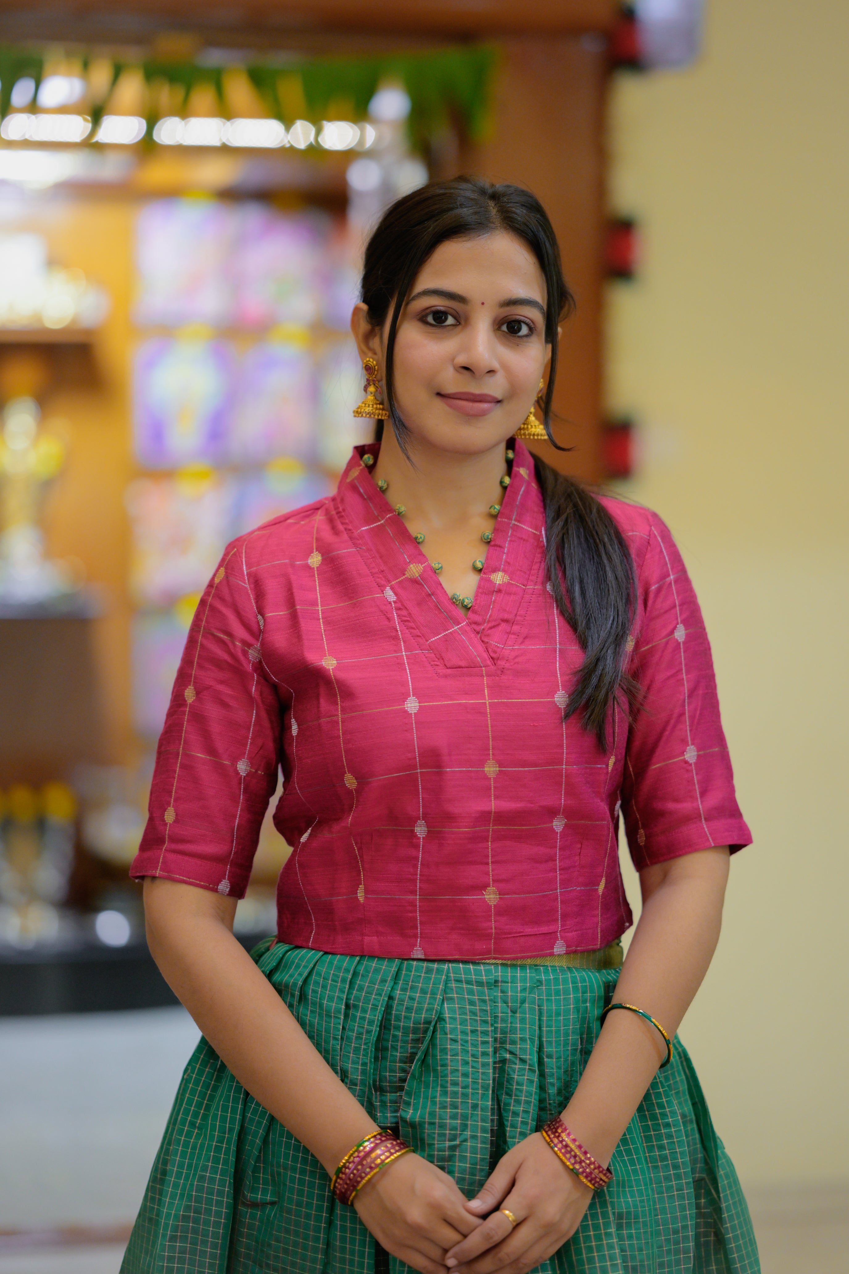 Durga - silk blouse with organza tissue silk skirt set in pink and green