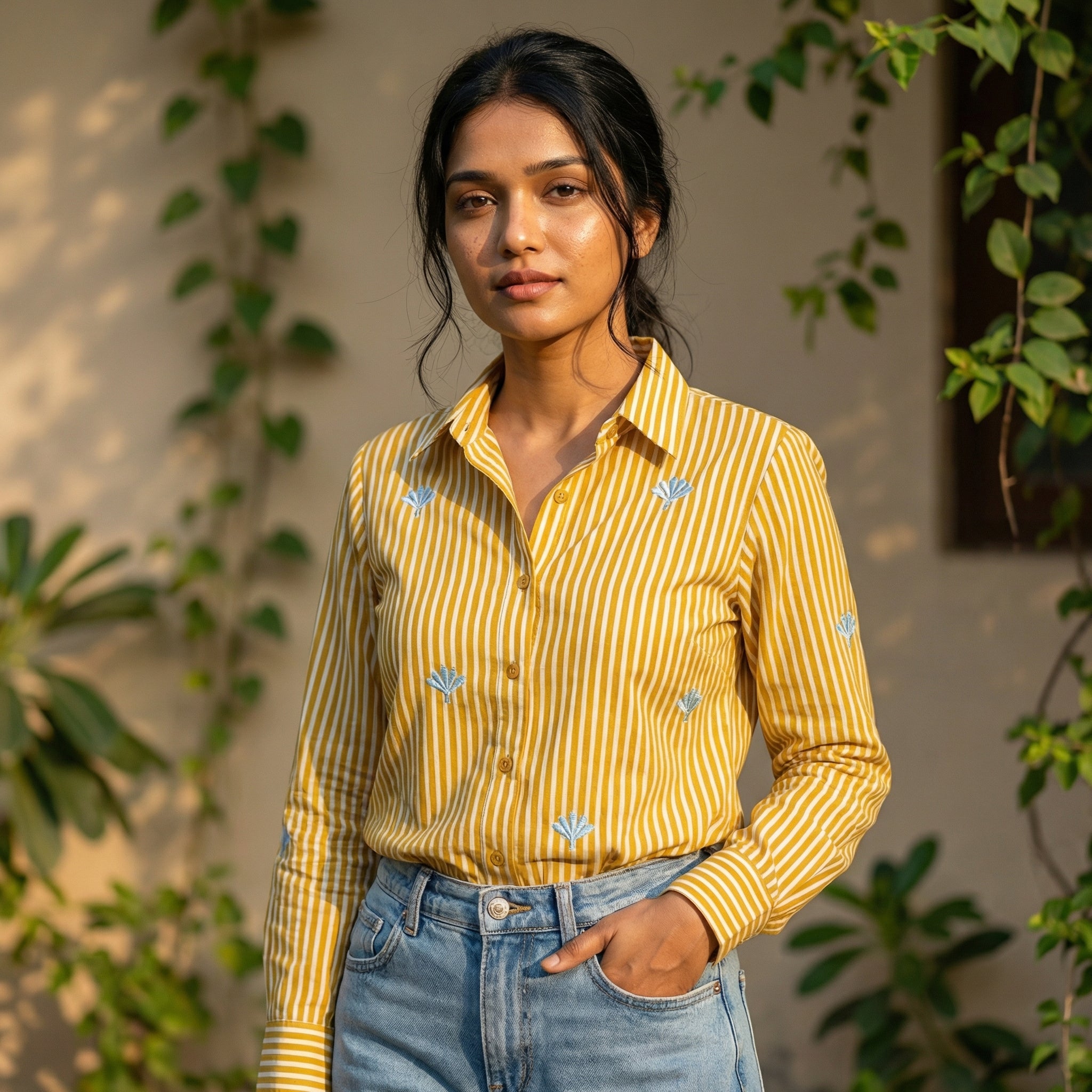 Embroidery shirt 1- Hand embroidered organic cotton shirt in yellow and white