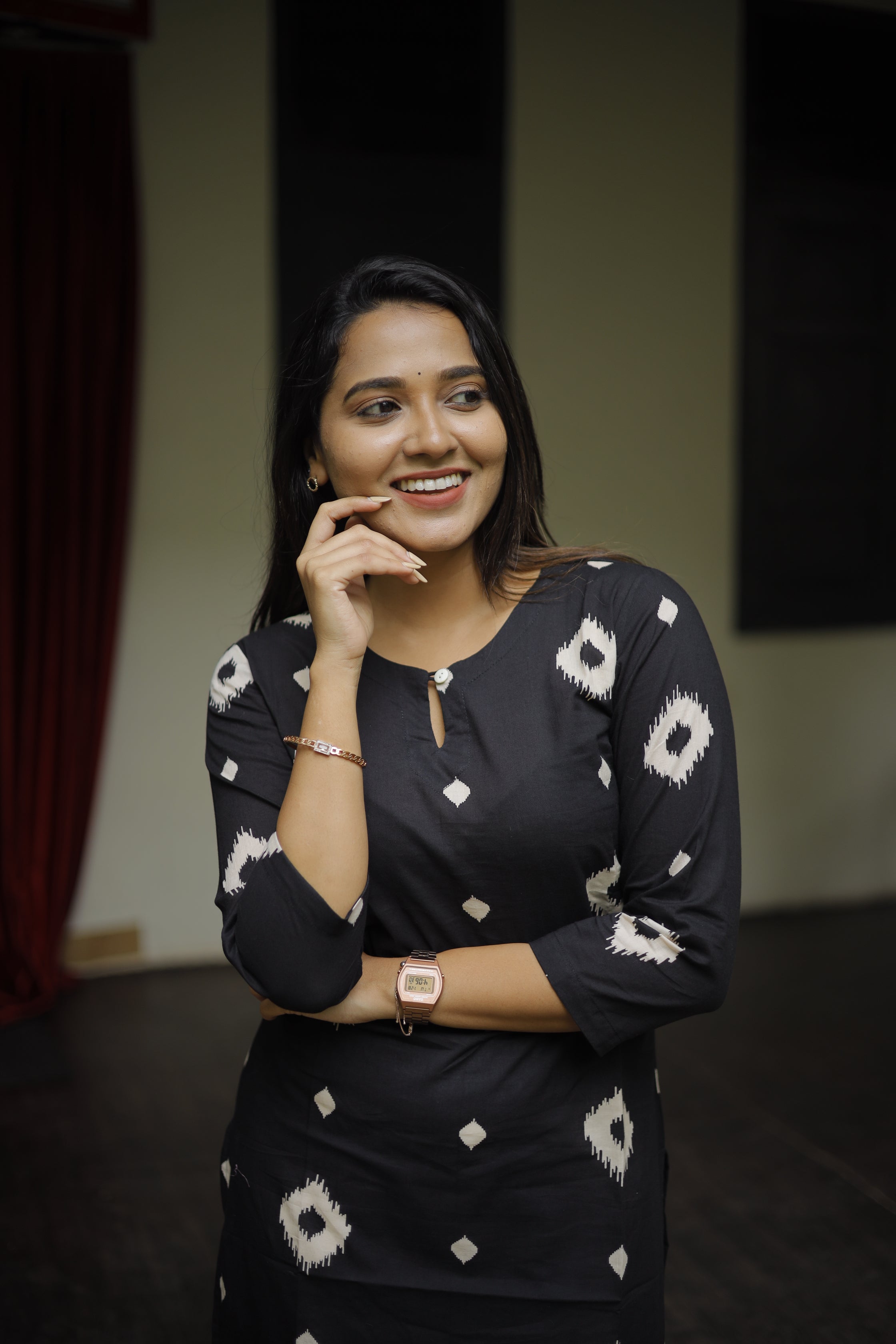 Kurti -131 - small motif printed cotton kurti in black