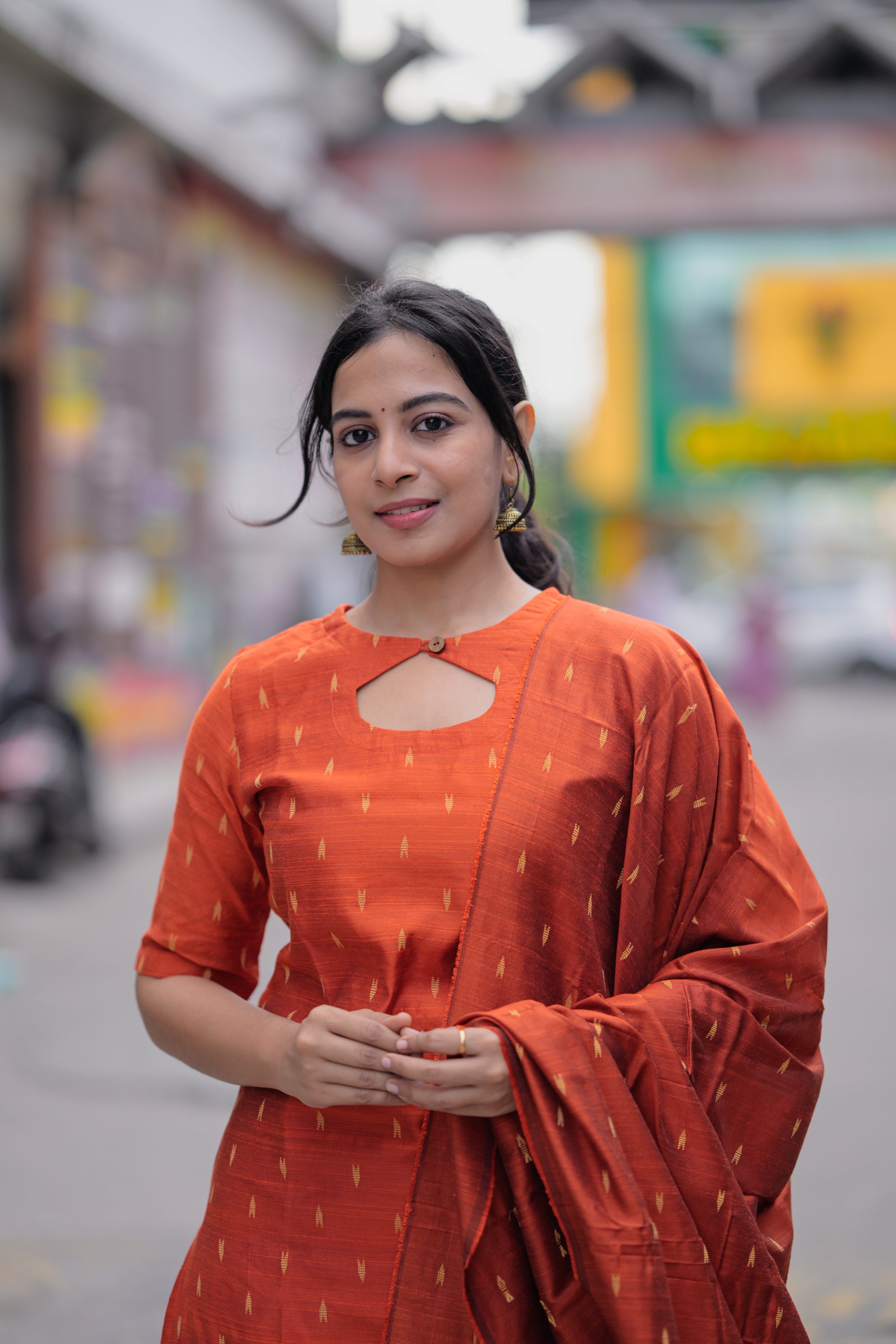 Varahi ( orange ) - slub silk suit set in orange and gold colour combination