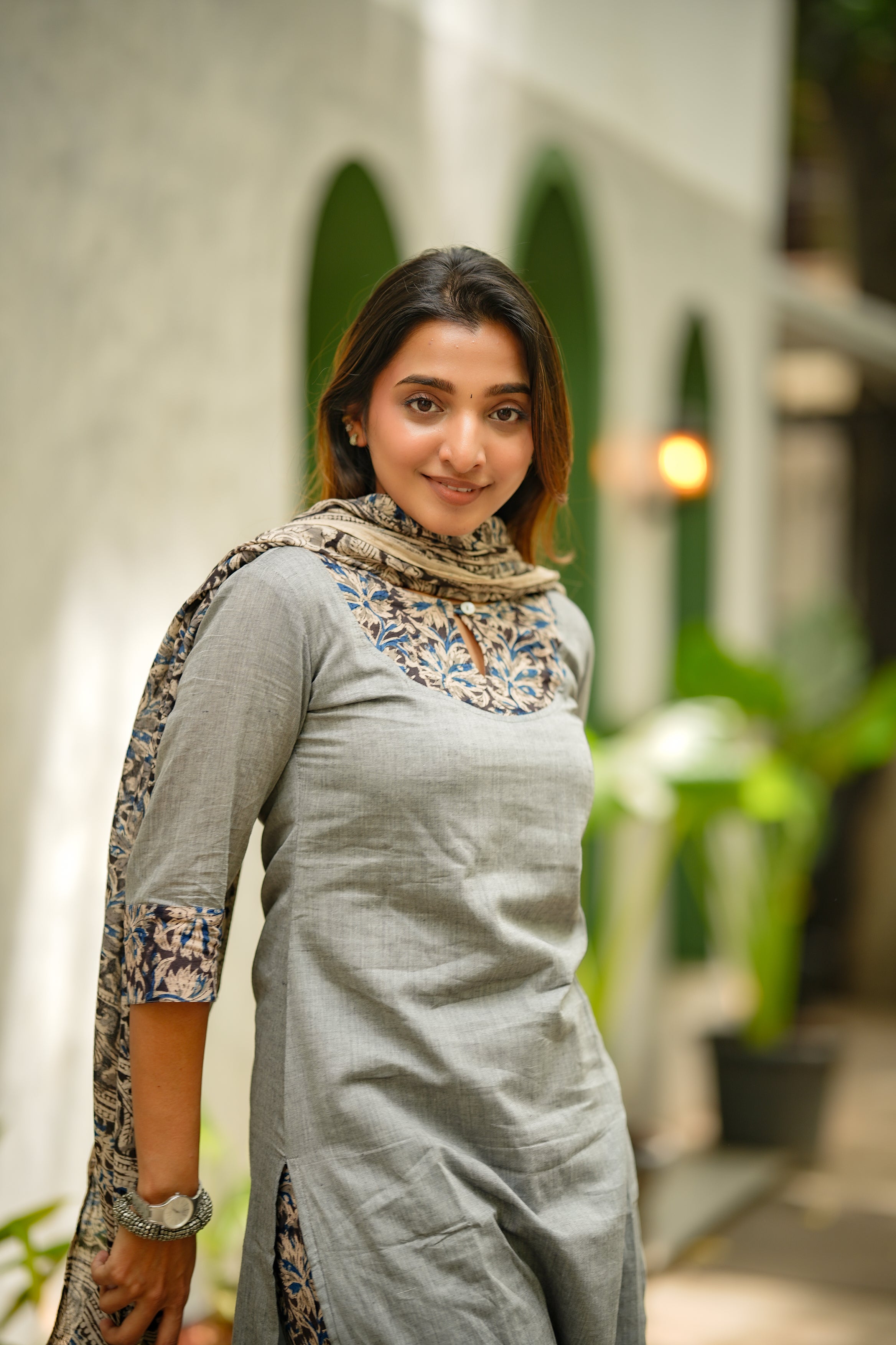 Disha ( grey ) - handloom cotton kalamkari suit set in grey colour