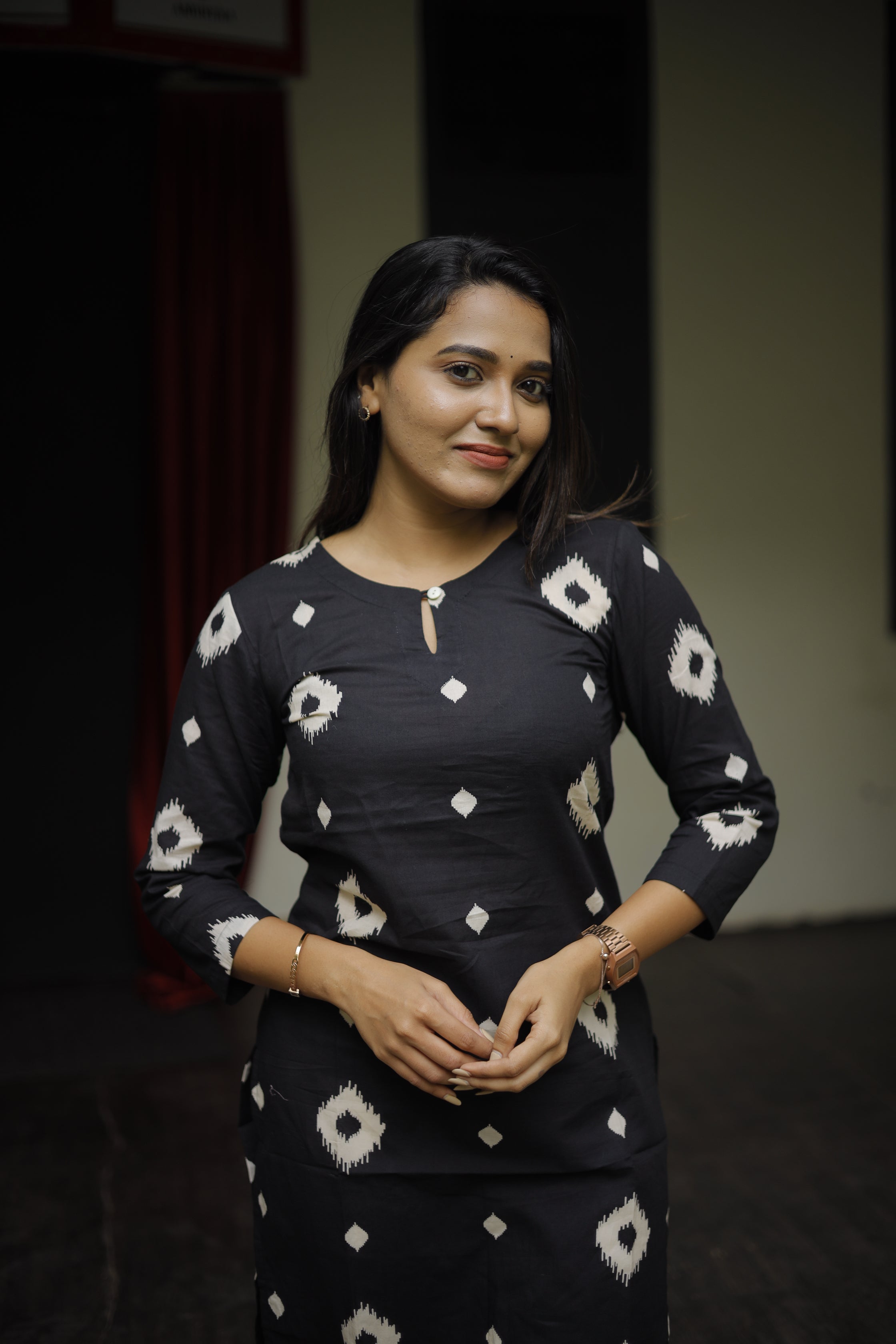 Kurti -131 - small motif printed cotton kurti in black