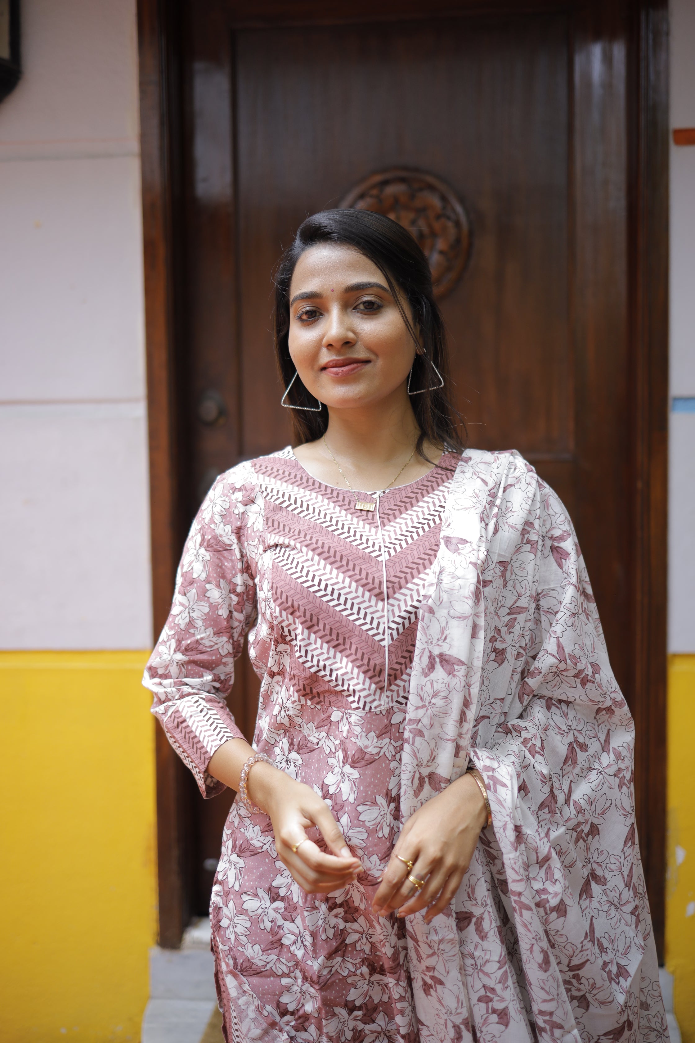 Rizwana - floral printed organic cotton suit set in onion pink & white