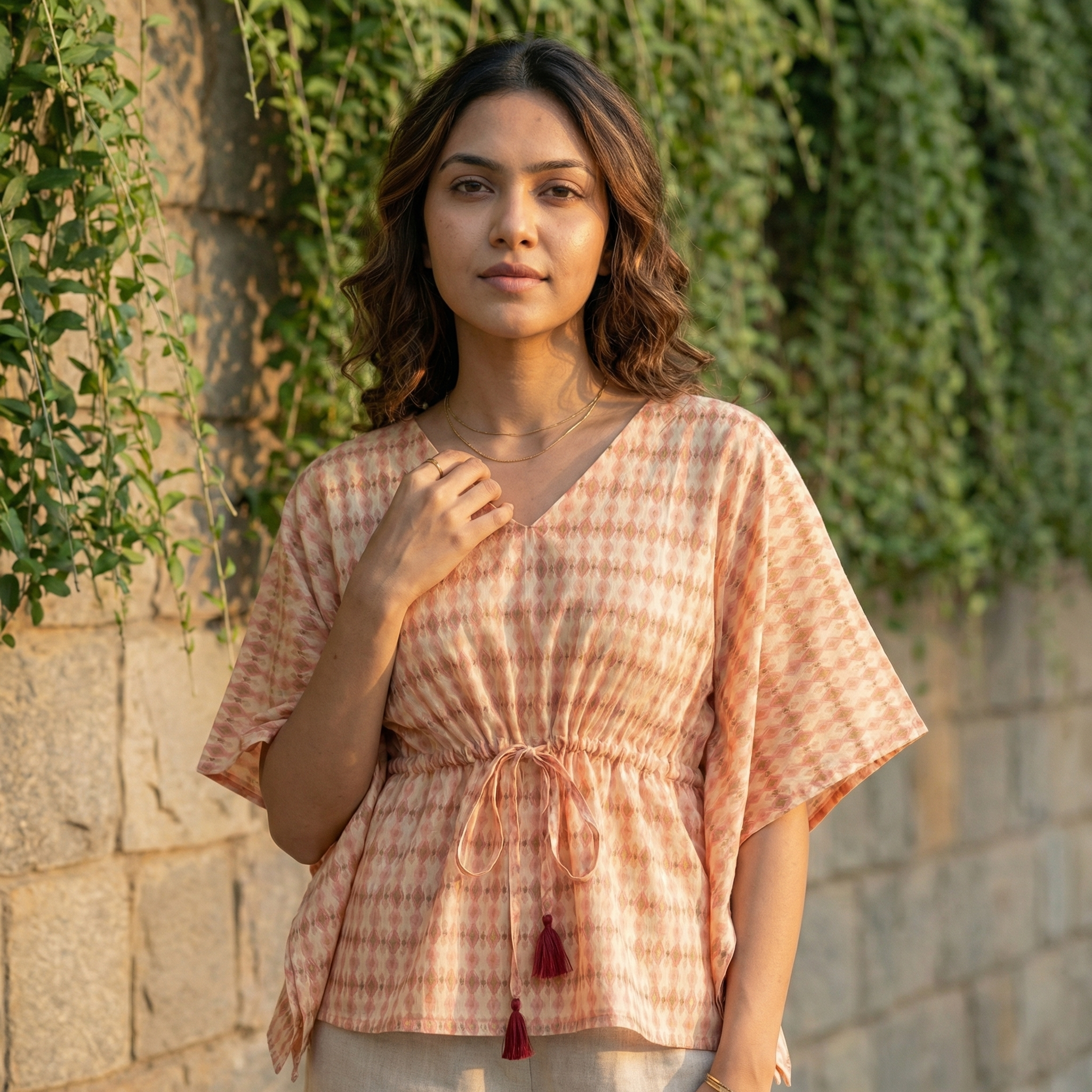 Kaftan Top #2- Diamond printed organic cotton kaftan top in peach