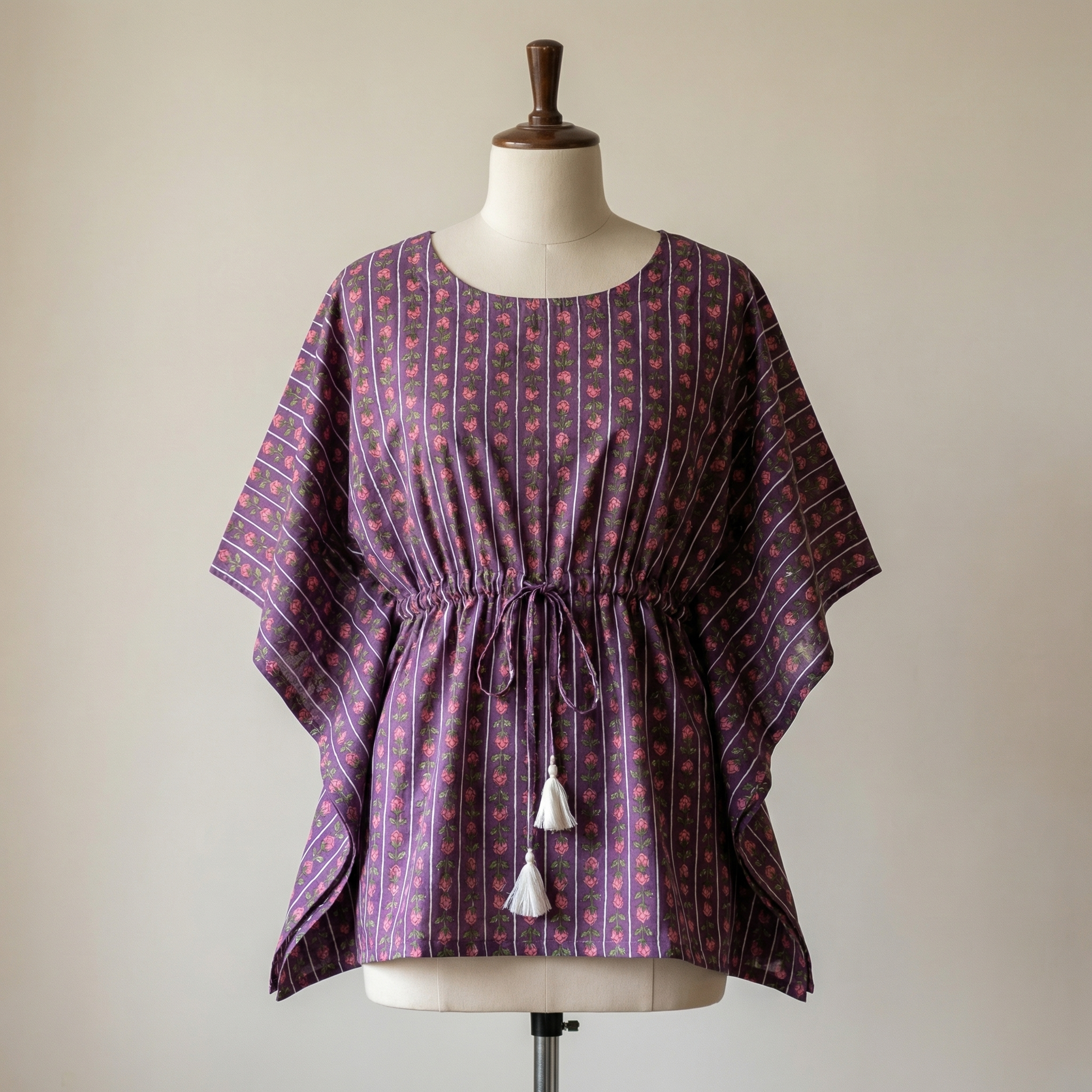 Kaftan Top #11- Floral motif printed organic cotton kaftan top in purple