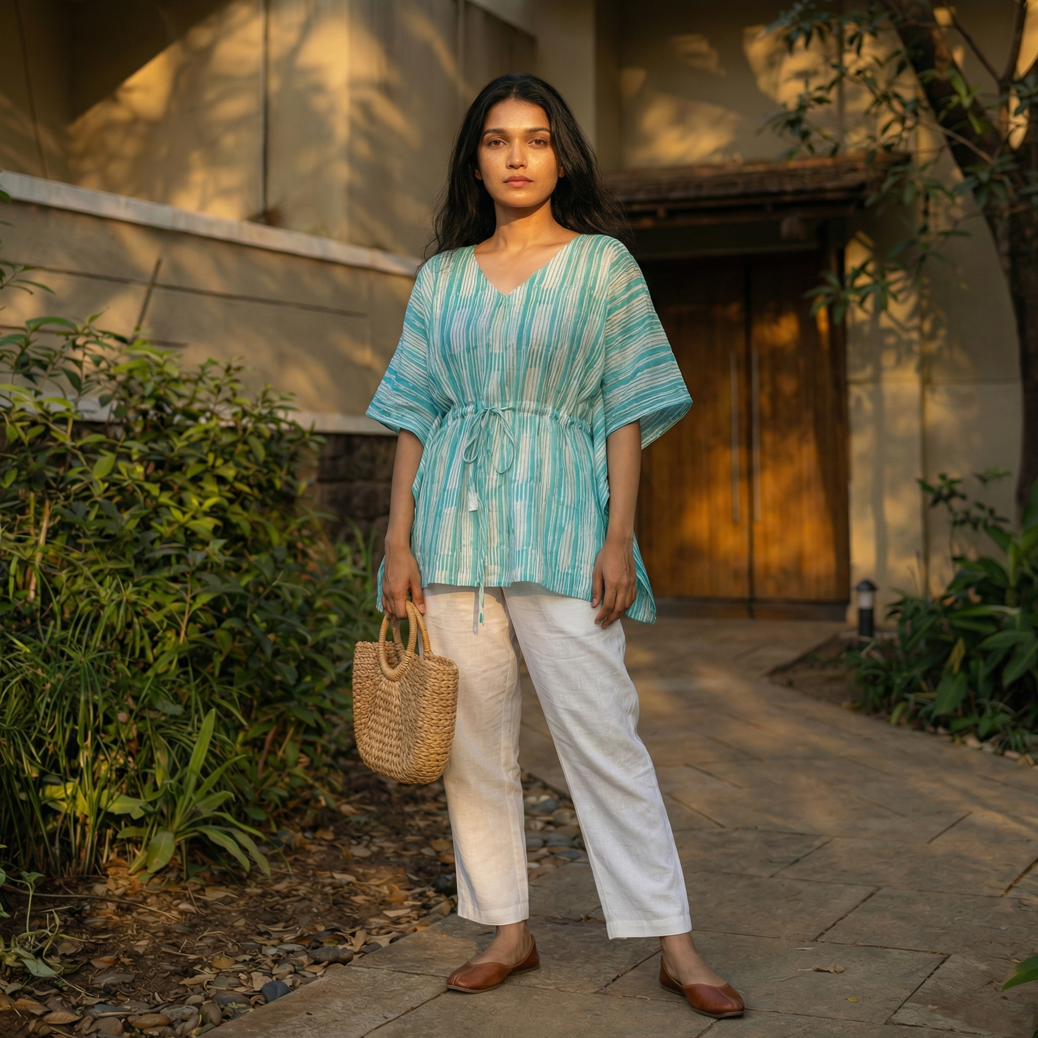 Kaftan Top #5- Stripes printed organic cotton kaftan top in sea blue