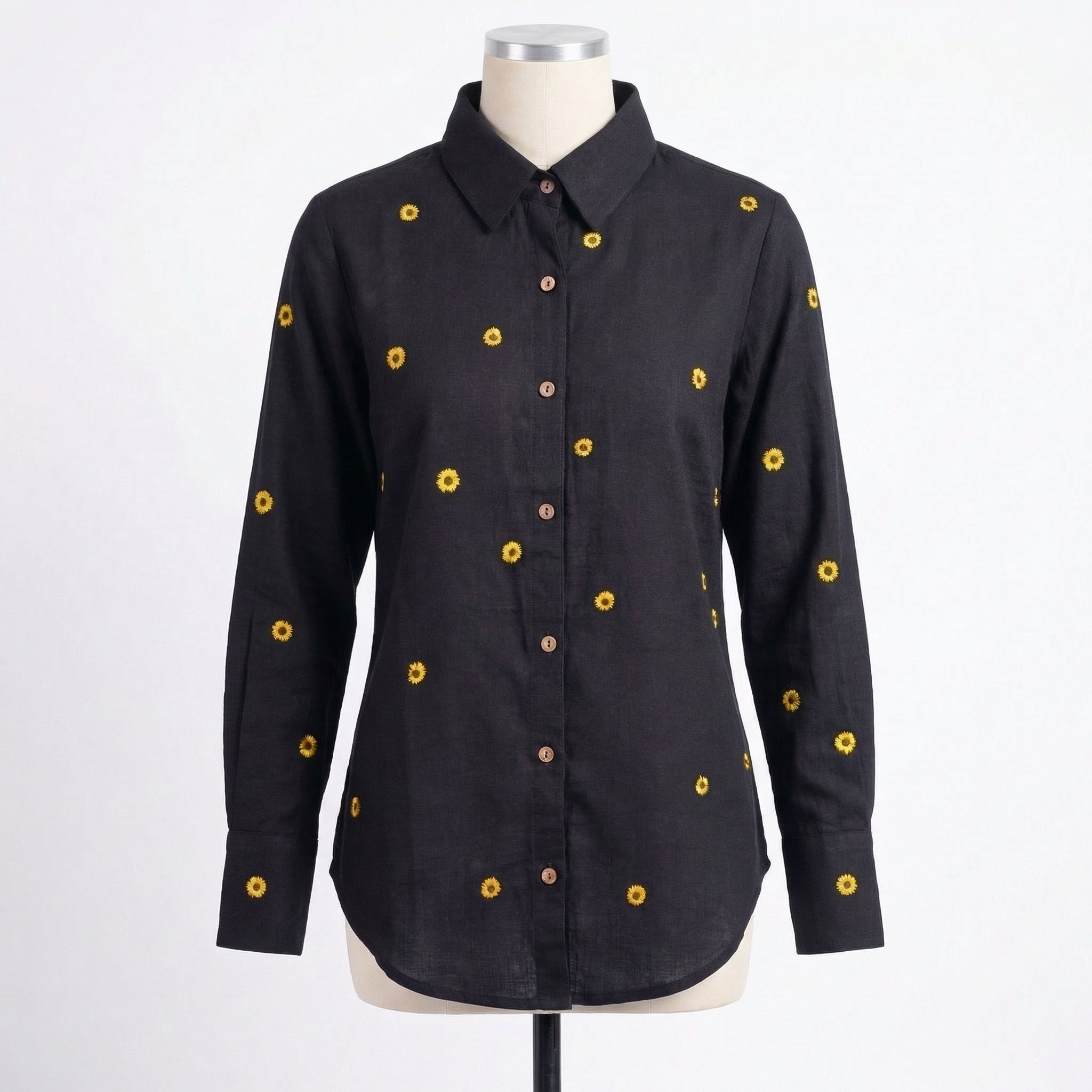 Embroidery shirt 10- sunflower embroidered organic cotton shirt in black
