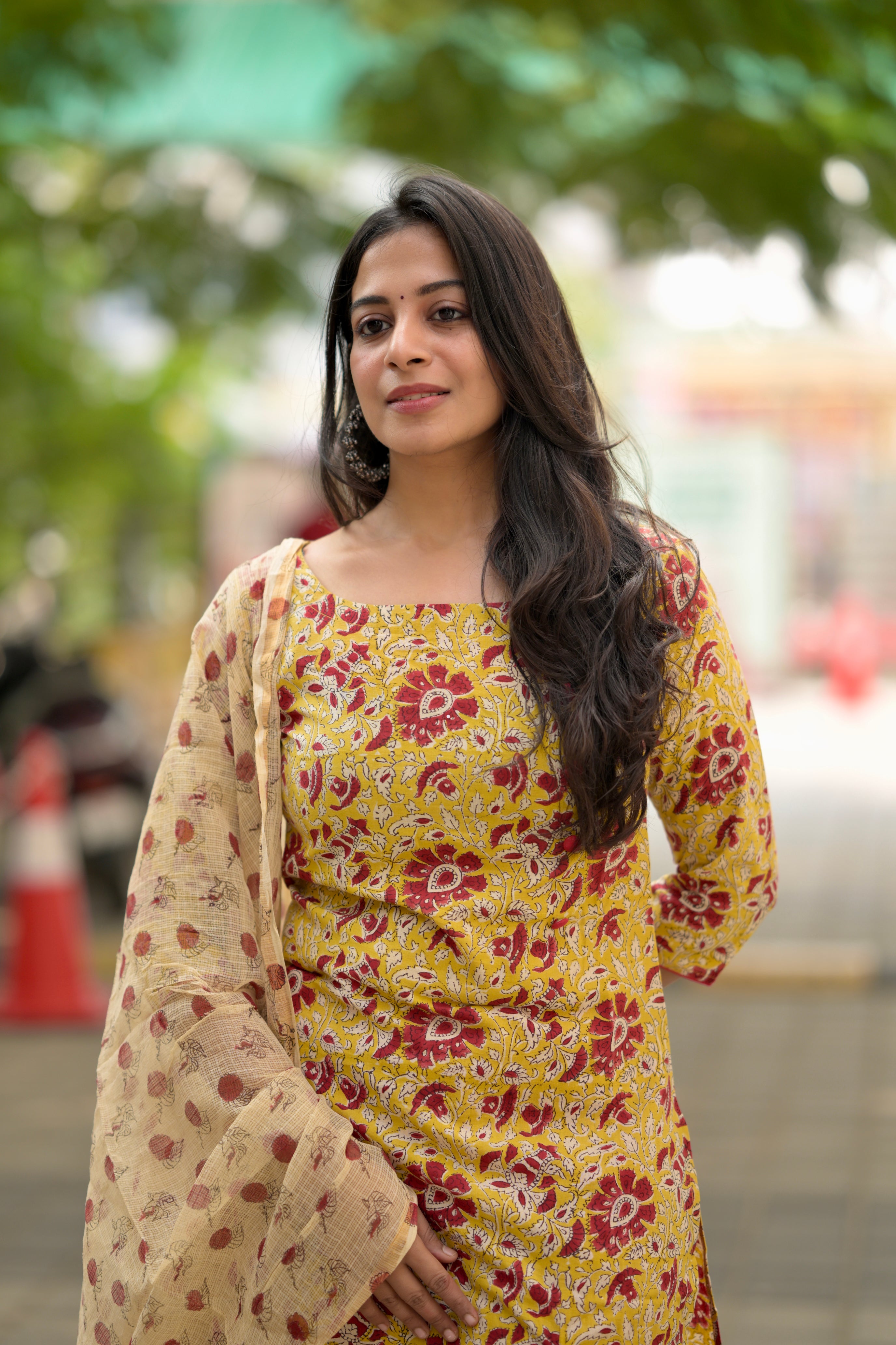 Barsa ( yellow)- handblocked printed cotton suit set in yellow and red
