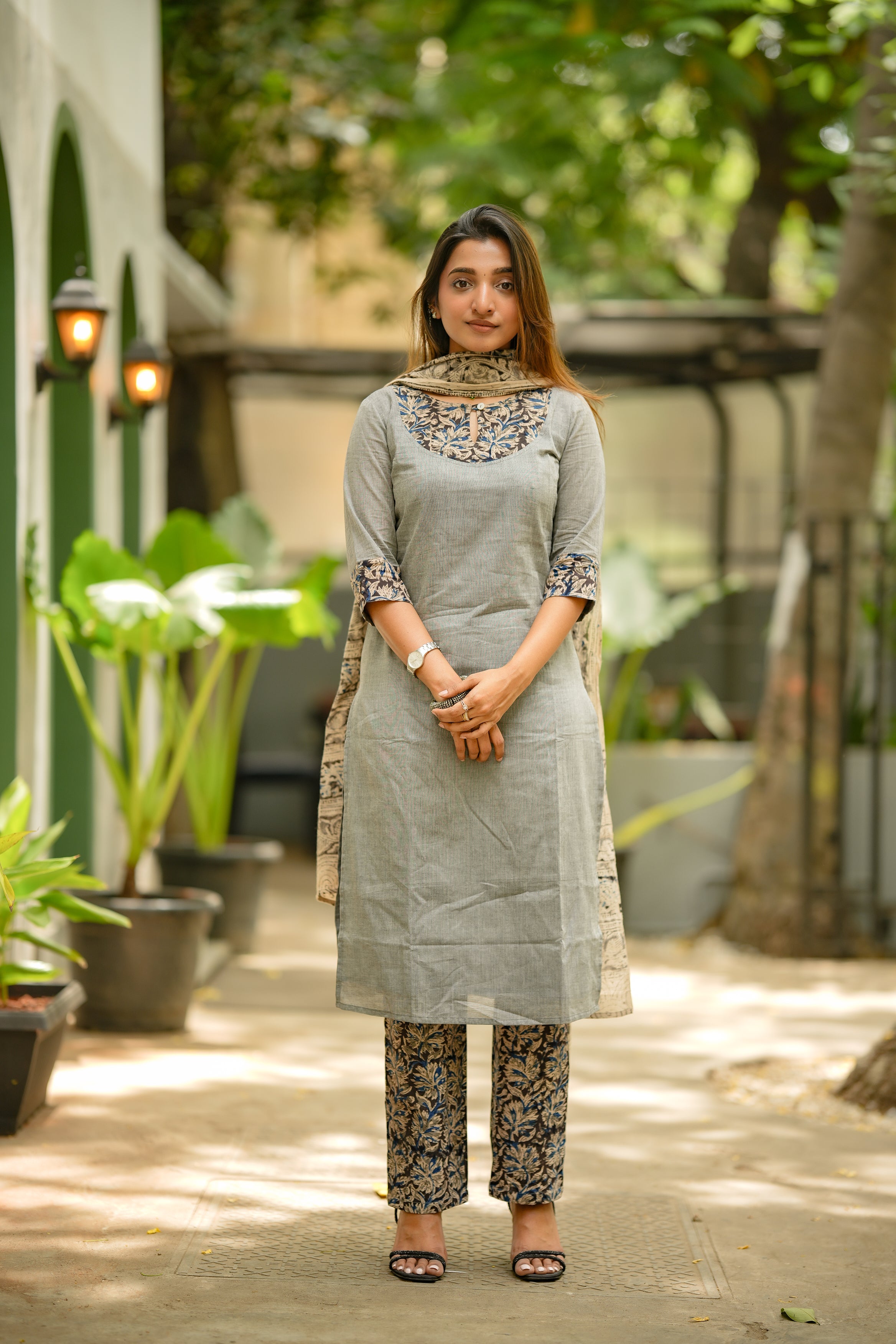 Disha ( grey ) - handloom cotton kalamkari suit set in grey colour