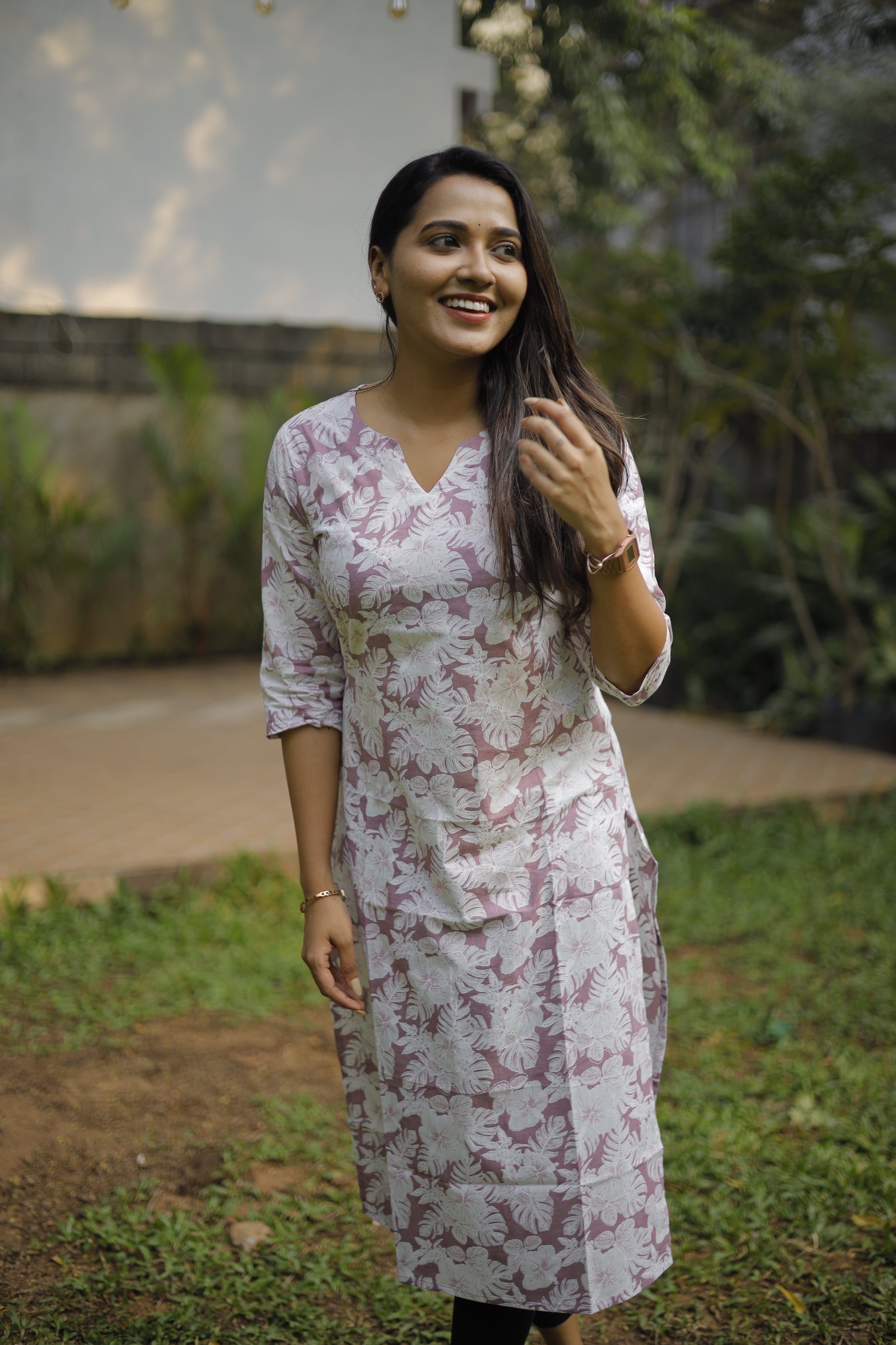 Kurti - 107 -  Foral leaf printed cotton kurti in purple and white