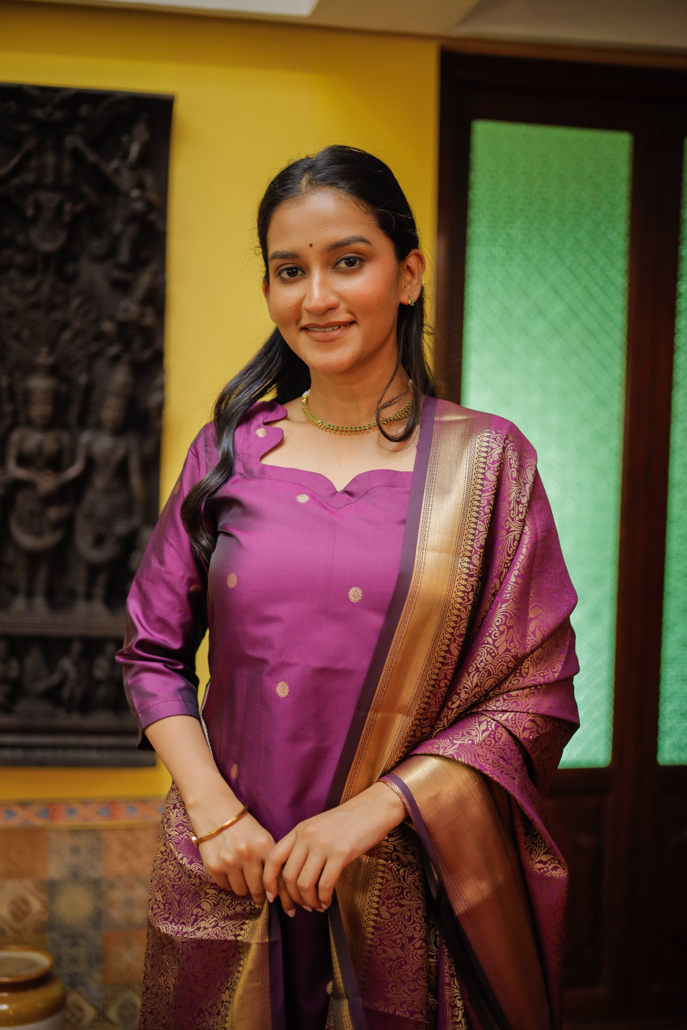 Ilavarasi (wine) - gold zari vegan silk suit set in wine