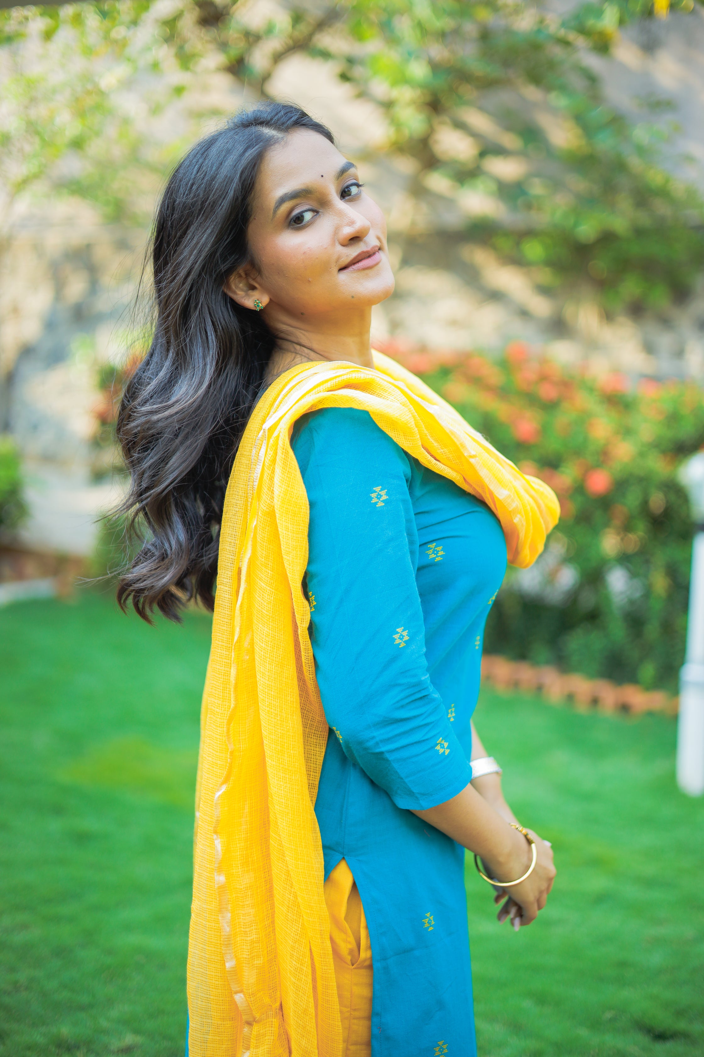 Simran (blue) - handloom cotton suit set in blue and yellow