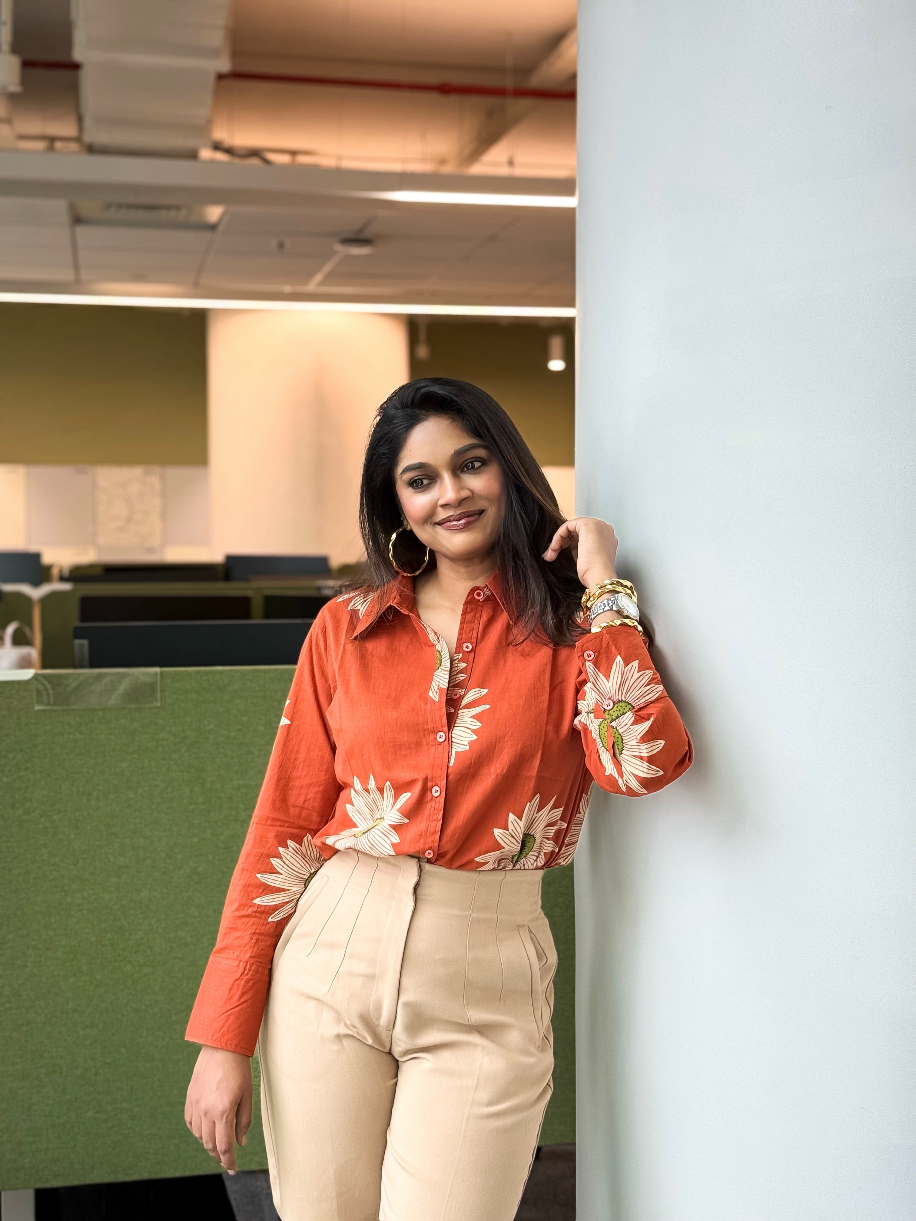 Women's shirt 9 -sunflower printed organic cotton shirt in orange and white