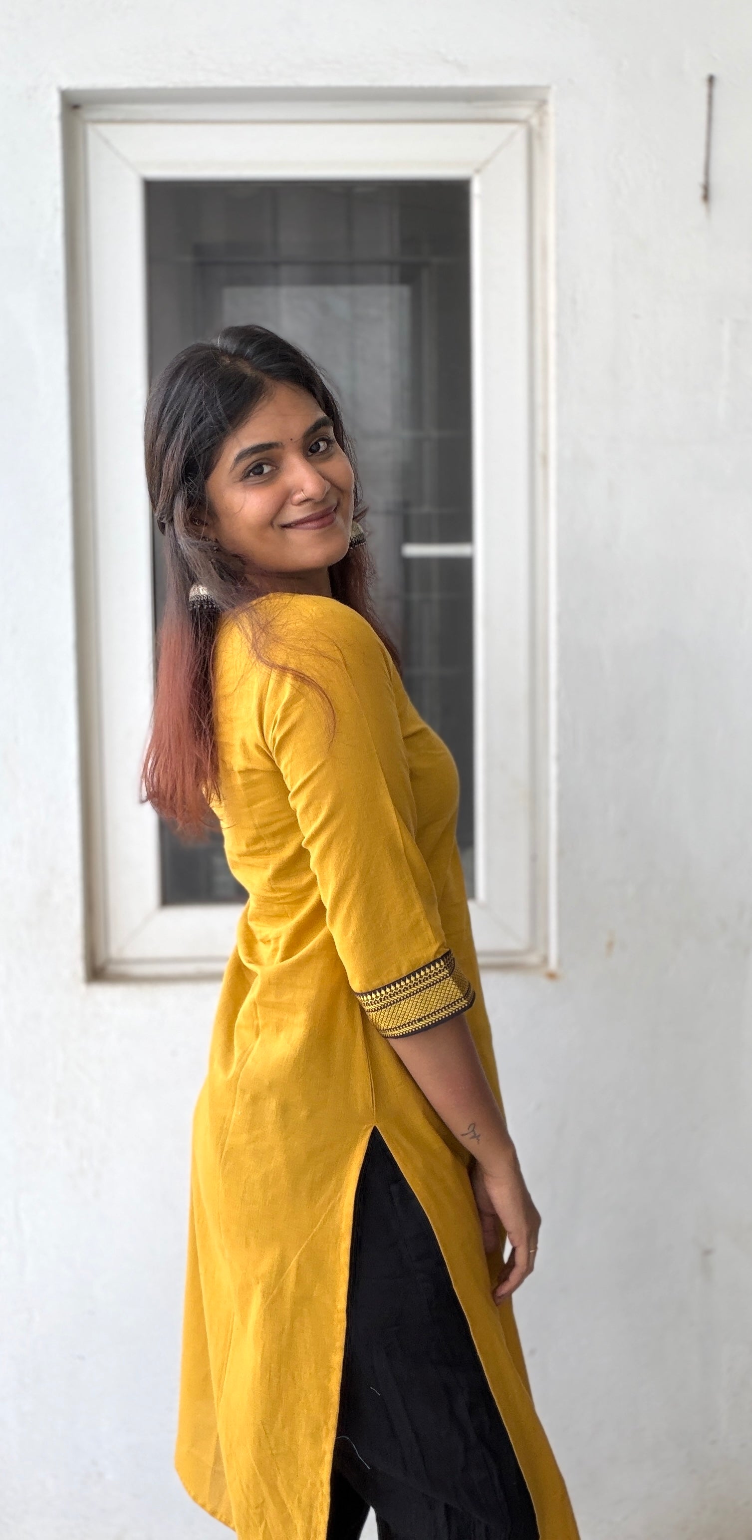 Nayanthara #24-handloom cotton kurti in mustard yellow