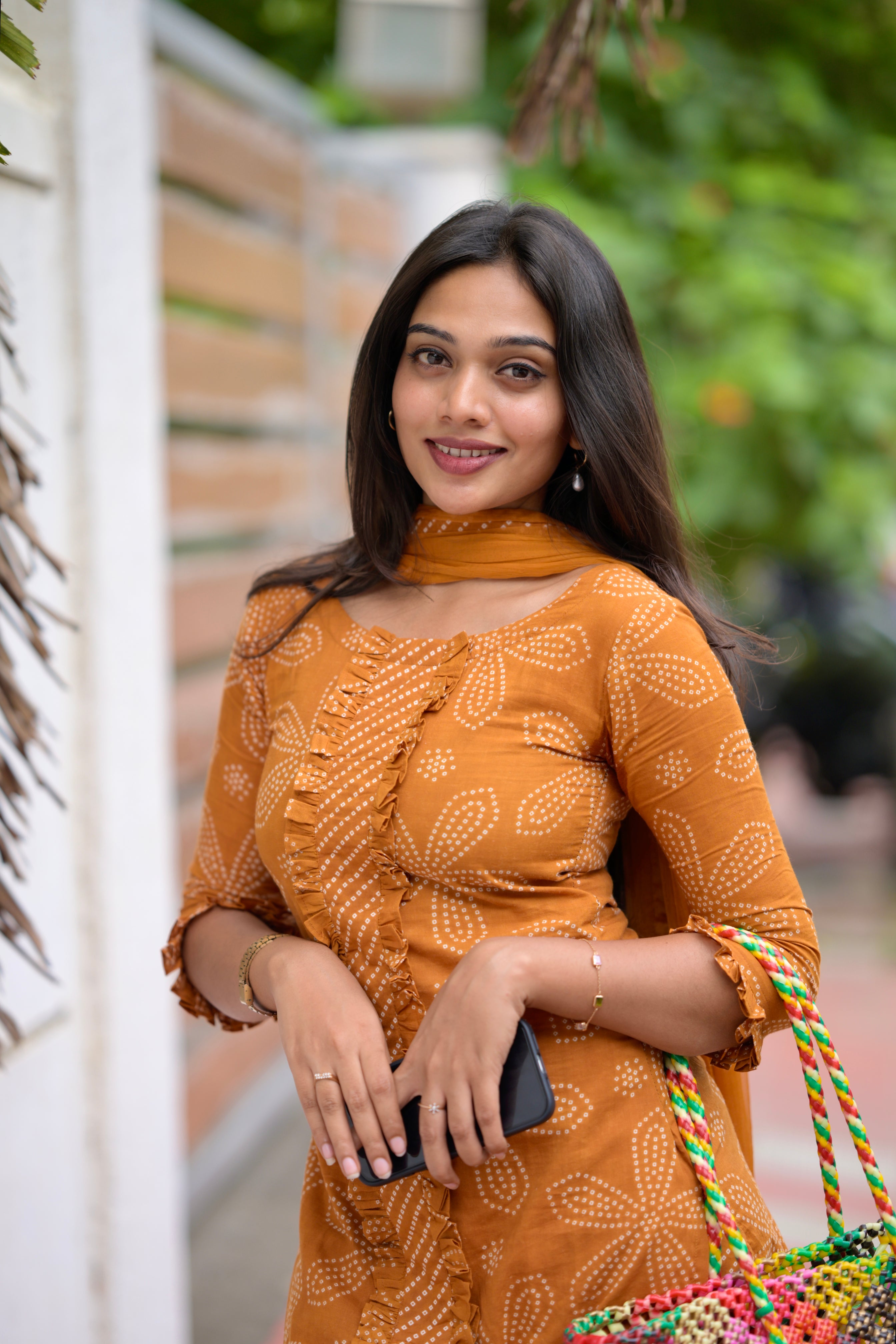 Bhavika (yellow) - floral bandhini handblock printed cotton suit set in mustard yellow colour