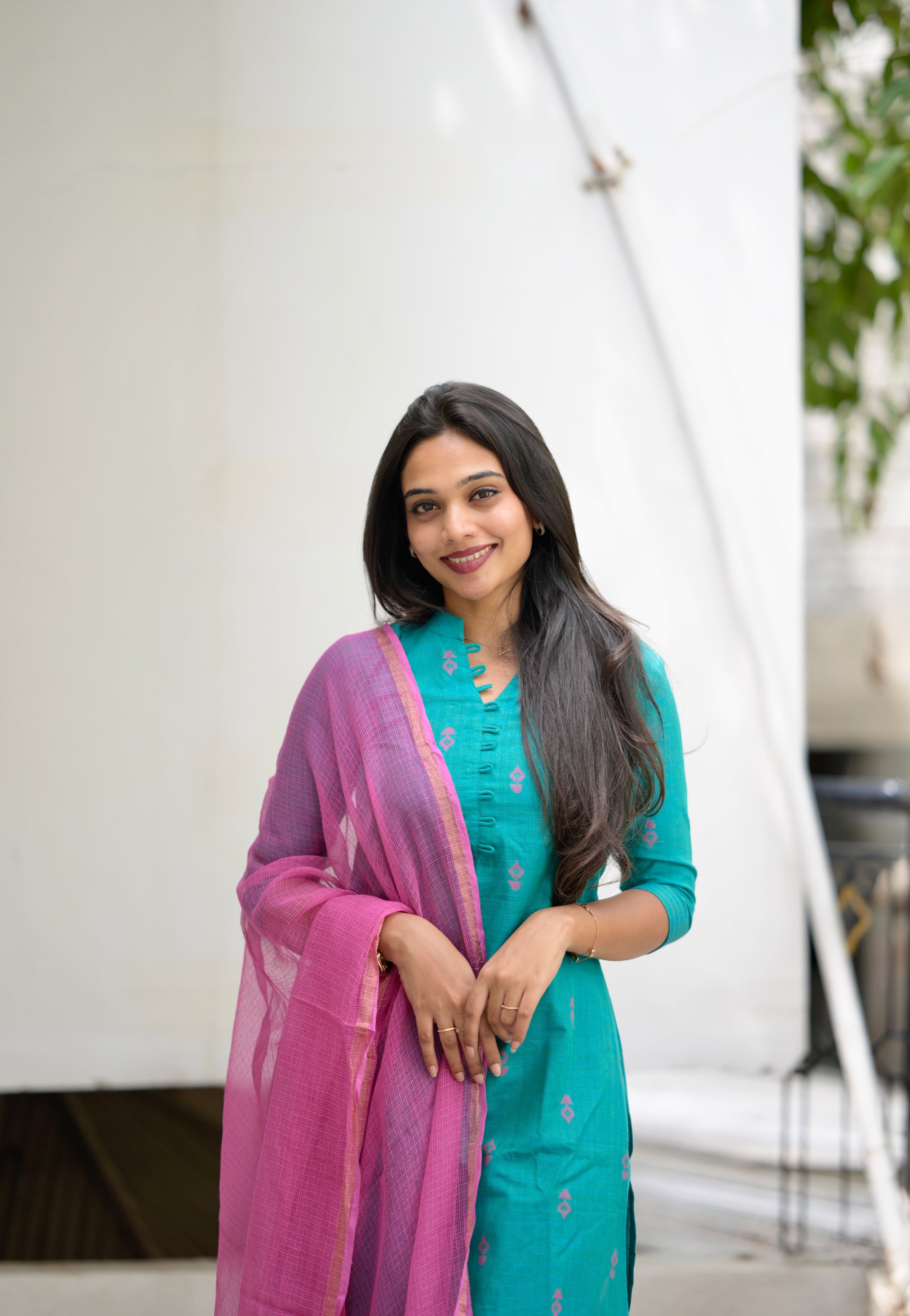 Niraimathy - handloom cotton suit set with kota doria dupatta in turquoise and pink