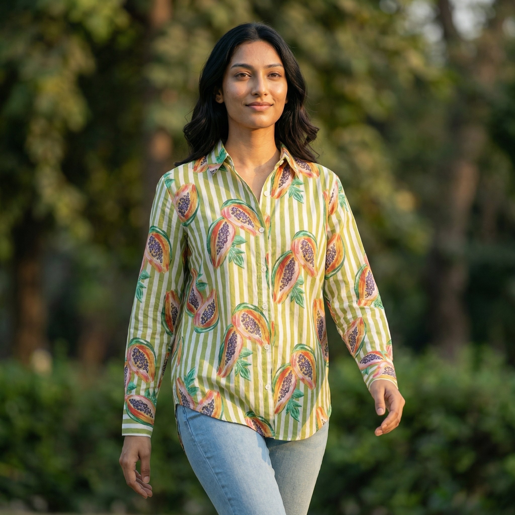 Women's shirt 33- Papaya printed organic cotton shirt in green