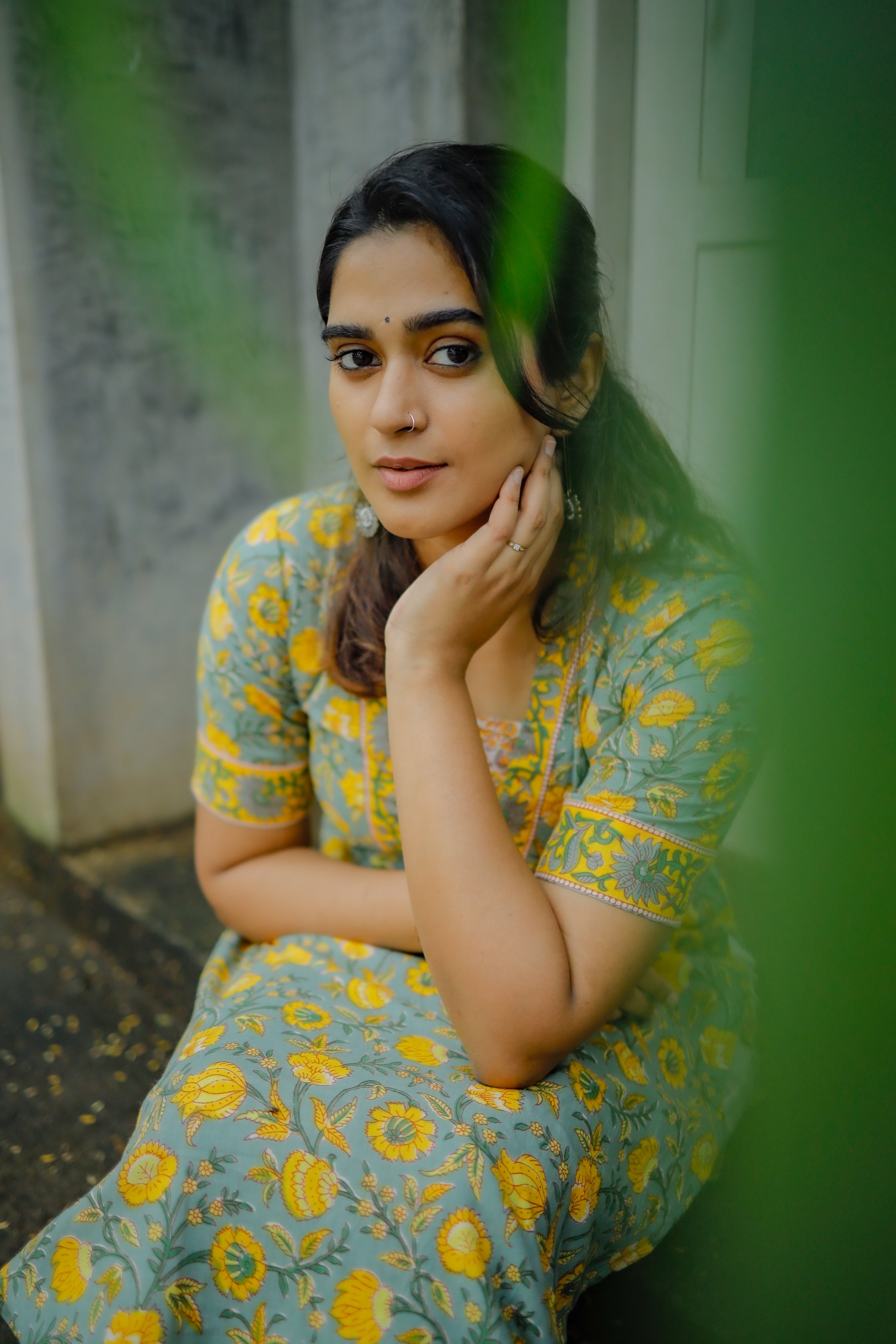 Dushara - yellow floral hand block printed cotton suit set in green & white
