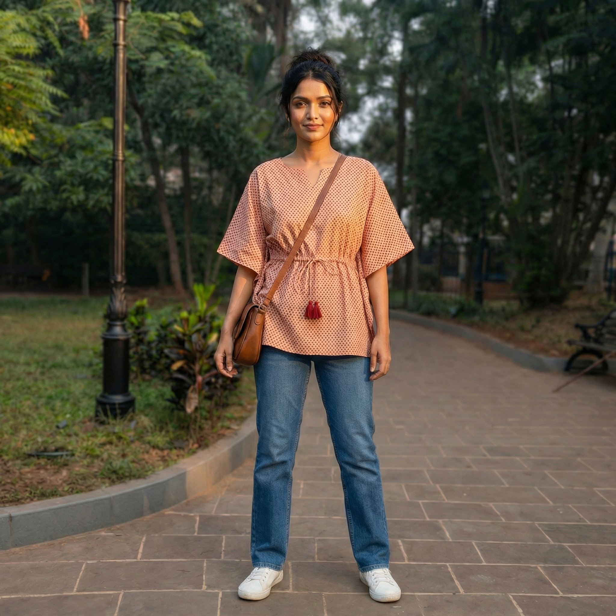 Kaftan Top #4- floral motif printed organic cotton kaftan top in peach