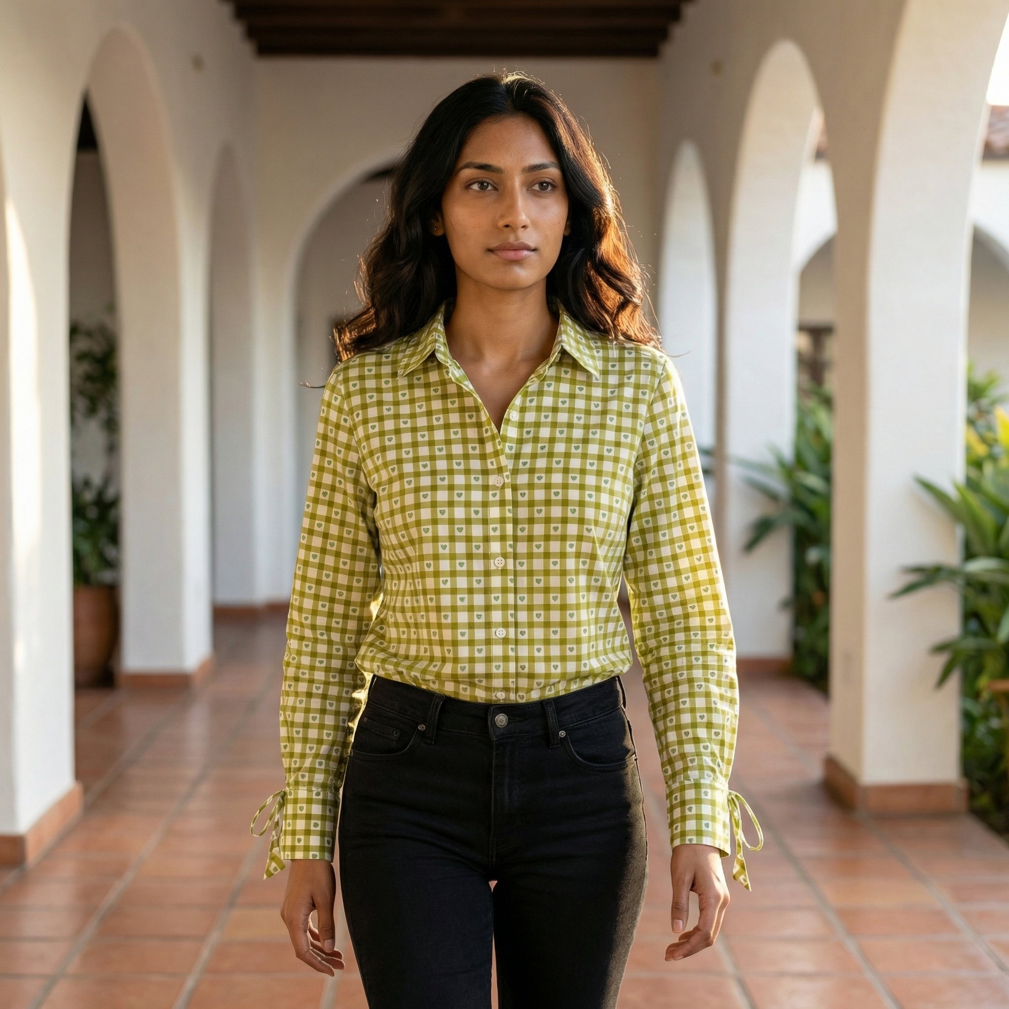 Women's shirt 40- check printed organic cotton shirt in lime green