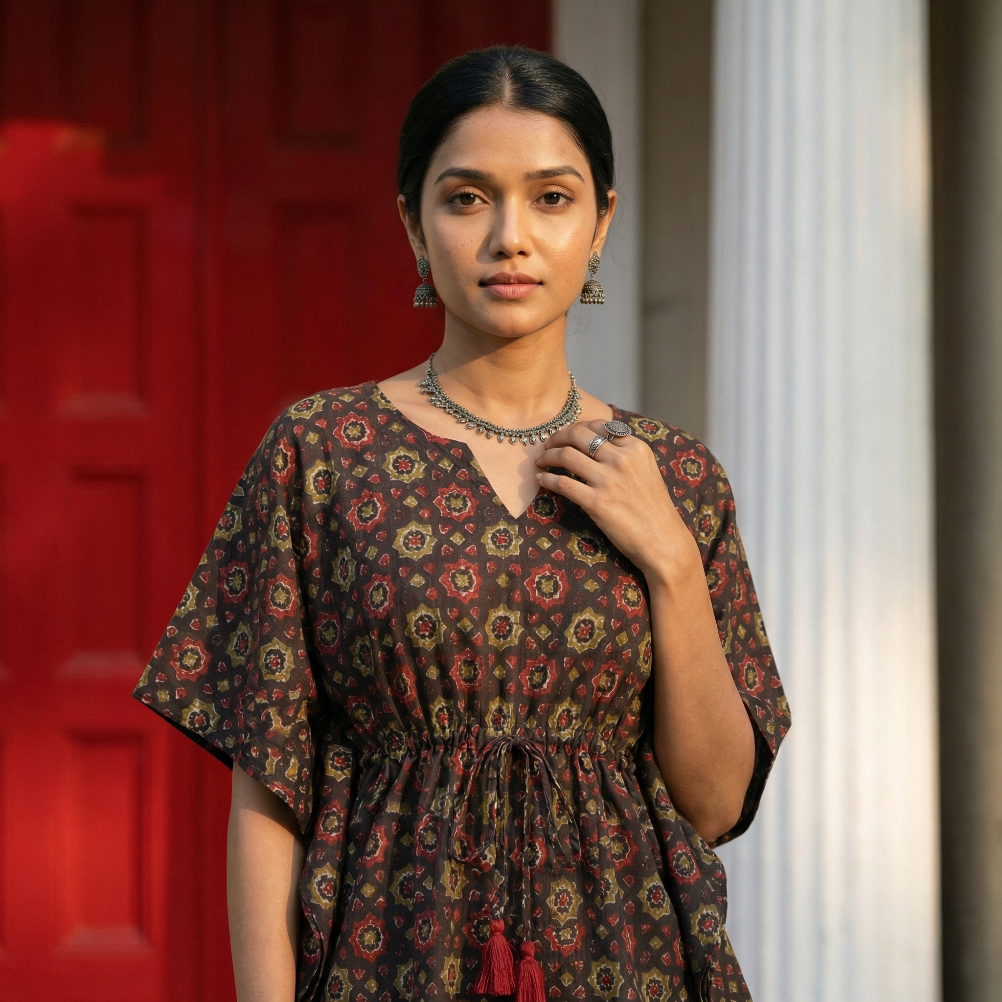 Kaftan Top #18- Ajrakh printed organic cotton kaftan top in black and red