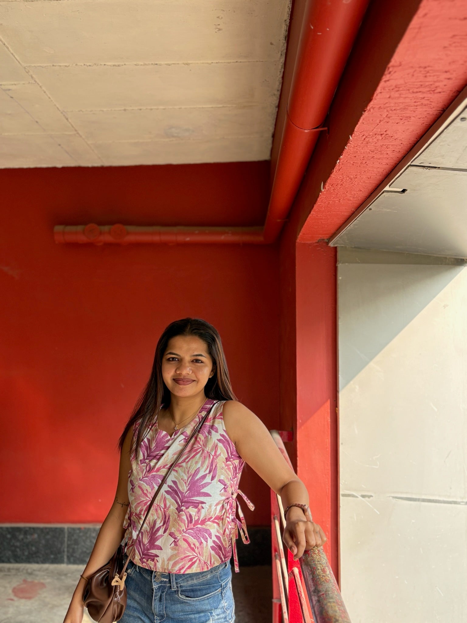 Crop top #7 - Floral printed organic top in beige and pink