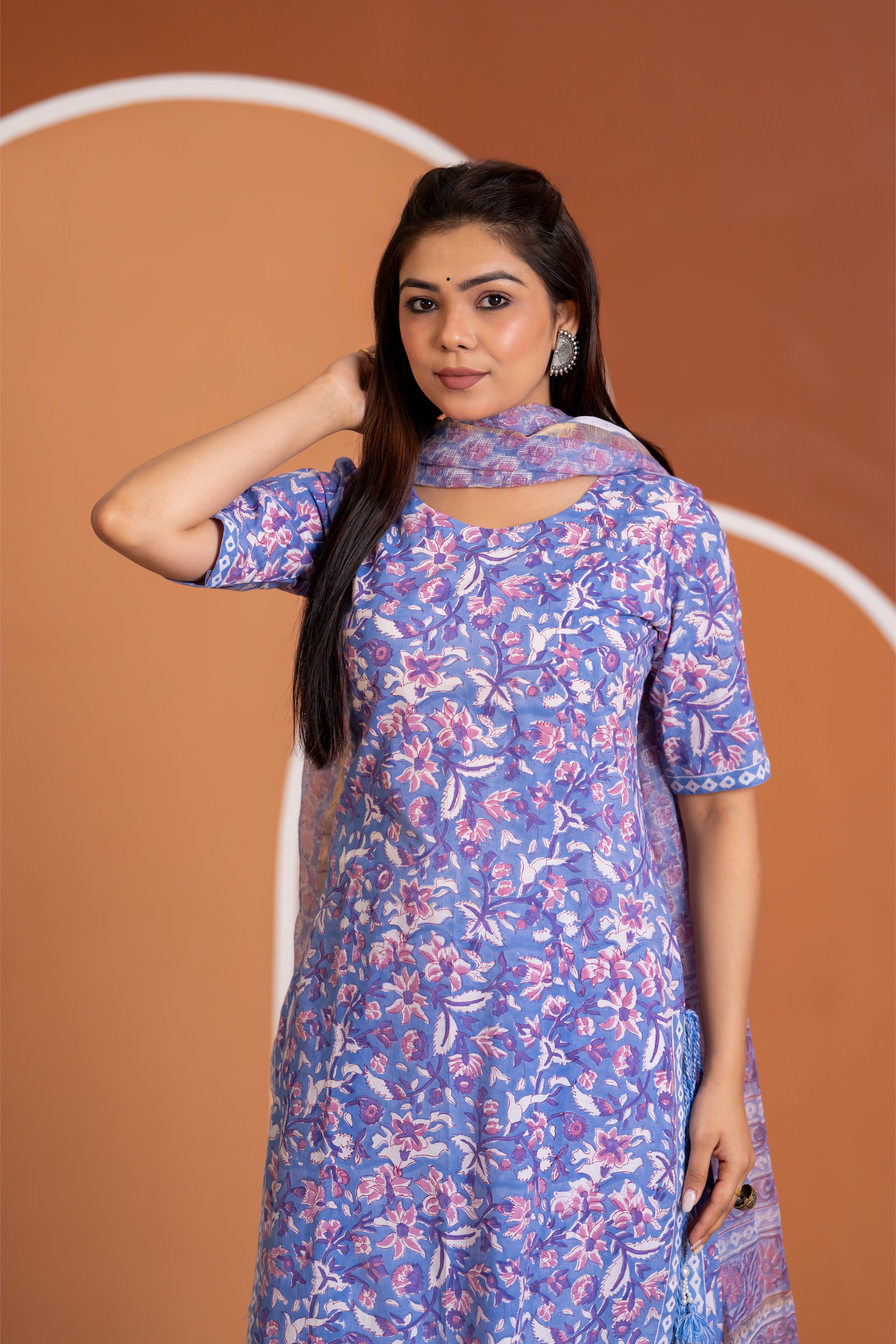 Siya (purple) - floral hand block printed cotton suit set in purple