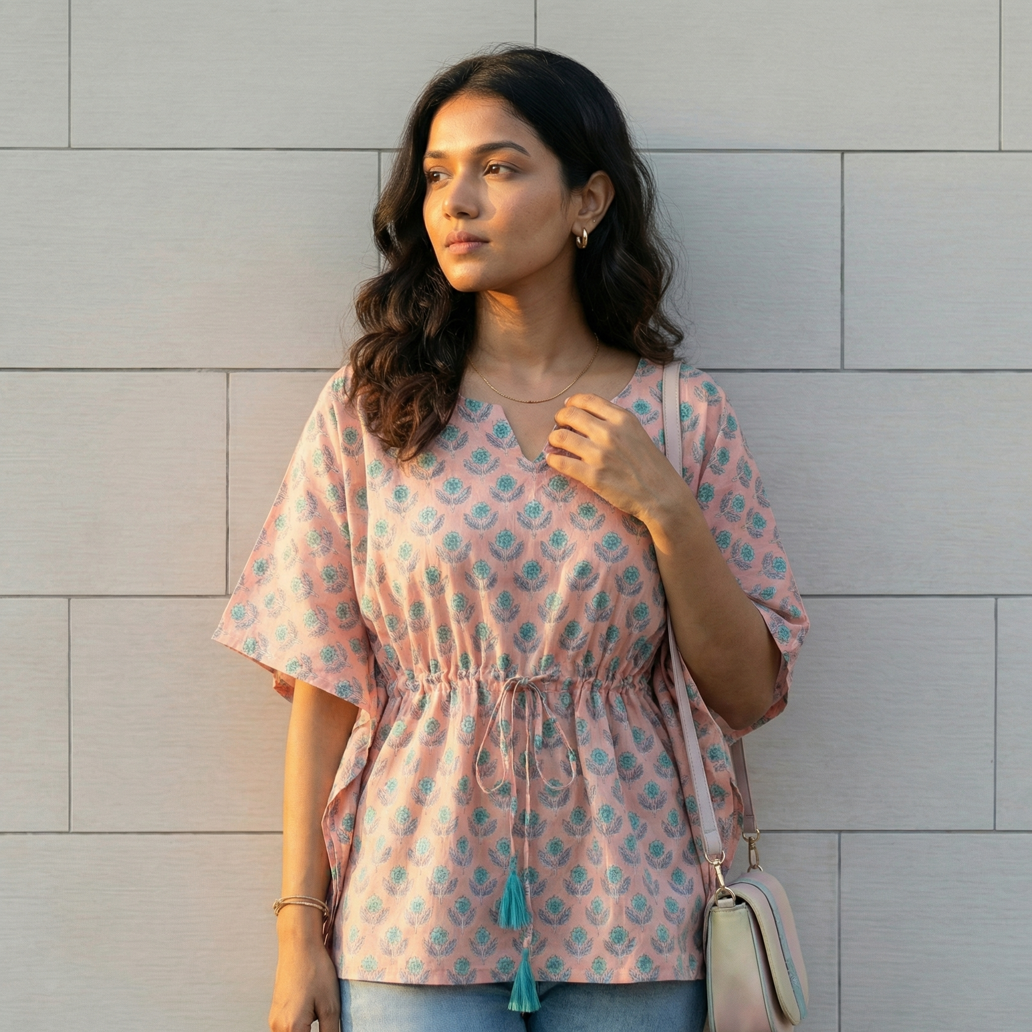 Kaftan Top #37- Floral printed organic cotton kaftan top in light pink