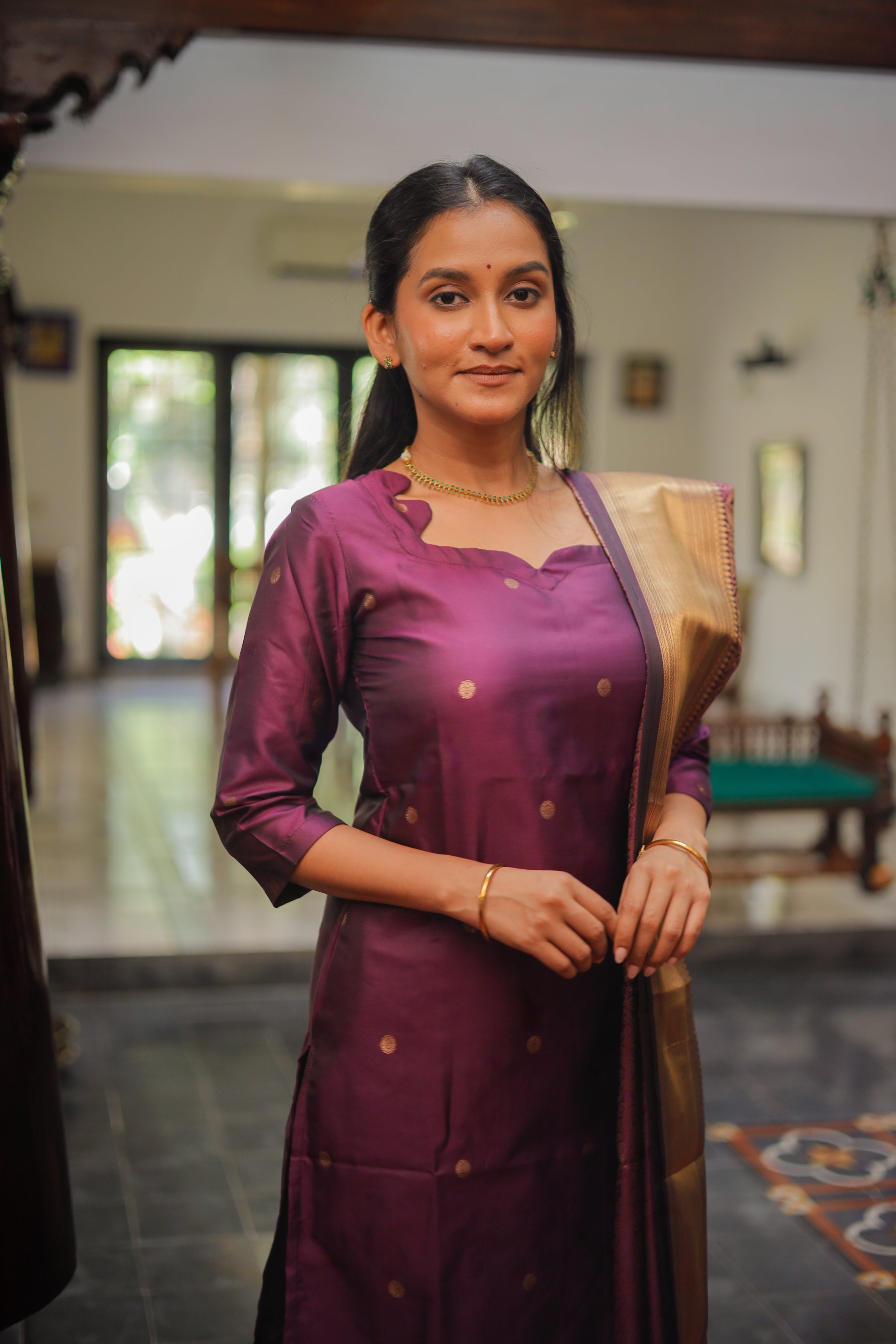 Ilavarasi (wine) - gold zari vegan silk suit set in wine