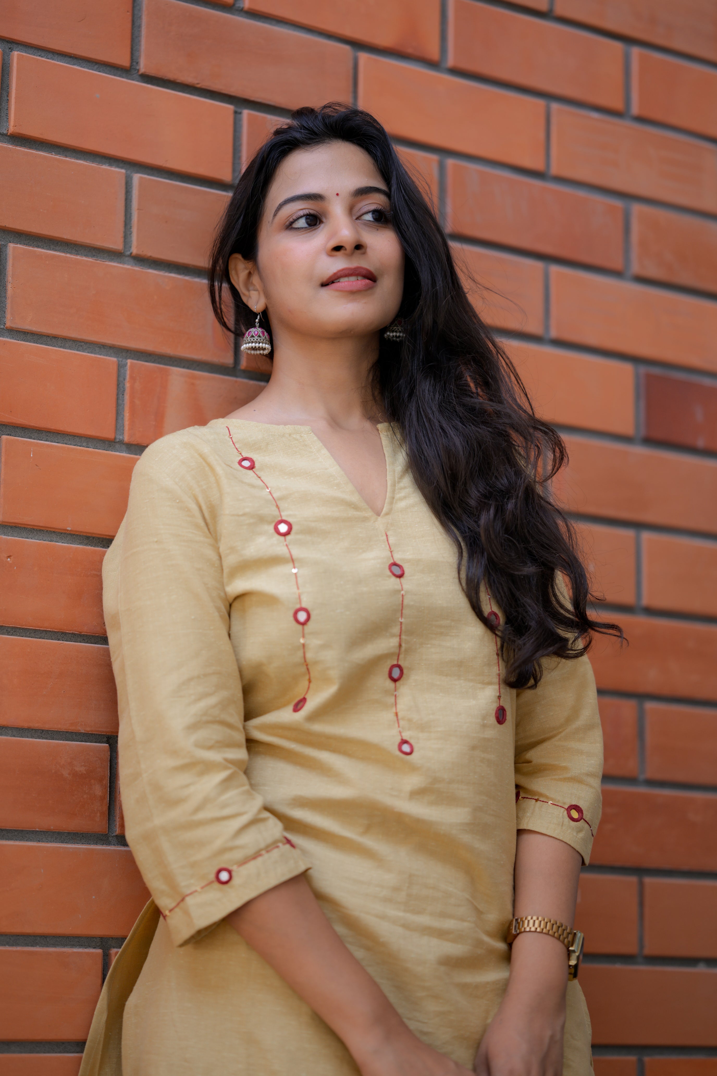 Kadhambari (yellow) - yellow khadi linen kurta set with mirror and handwork in red