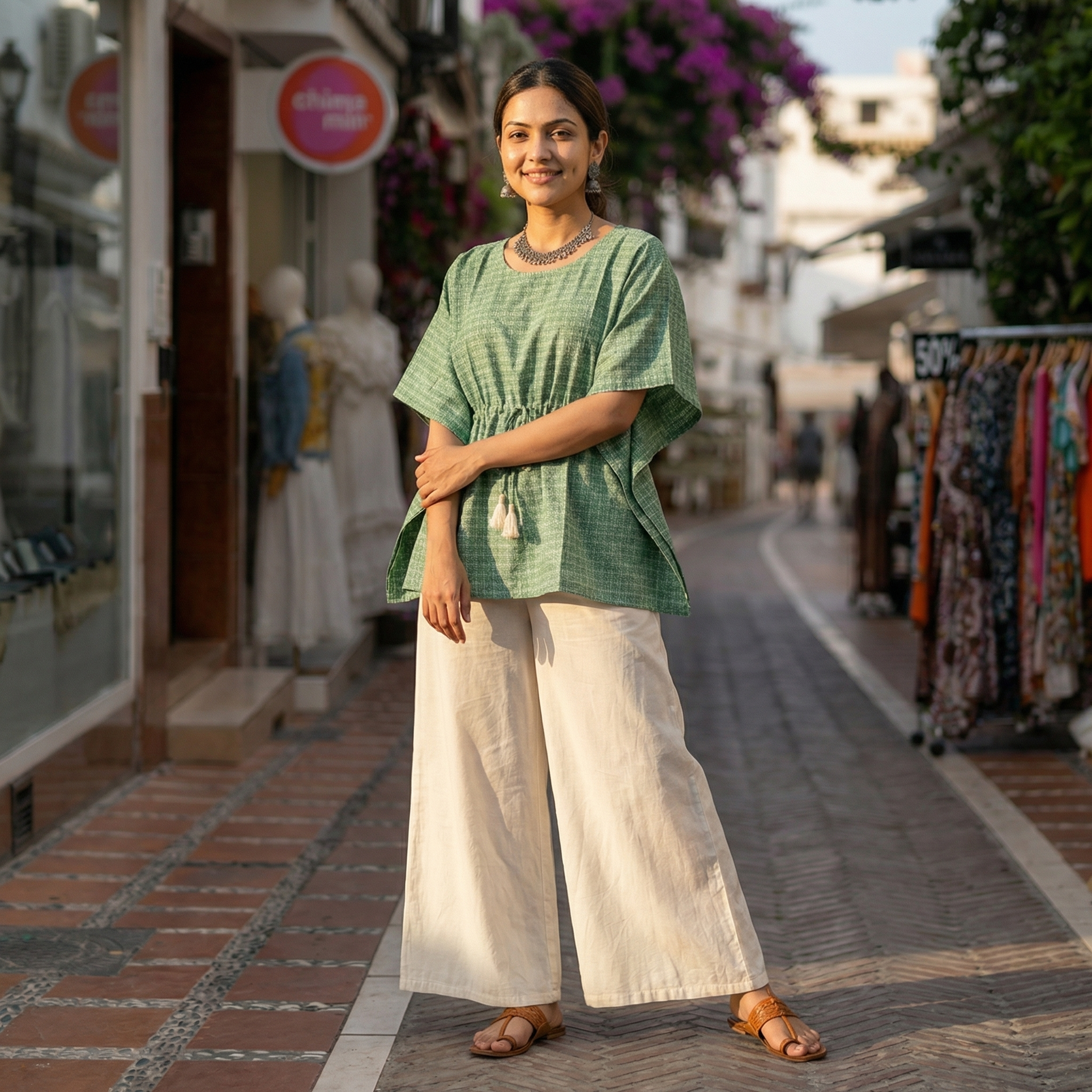 Kaftan Top #12- Check printed organic cotton kaftan top in light green