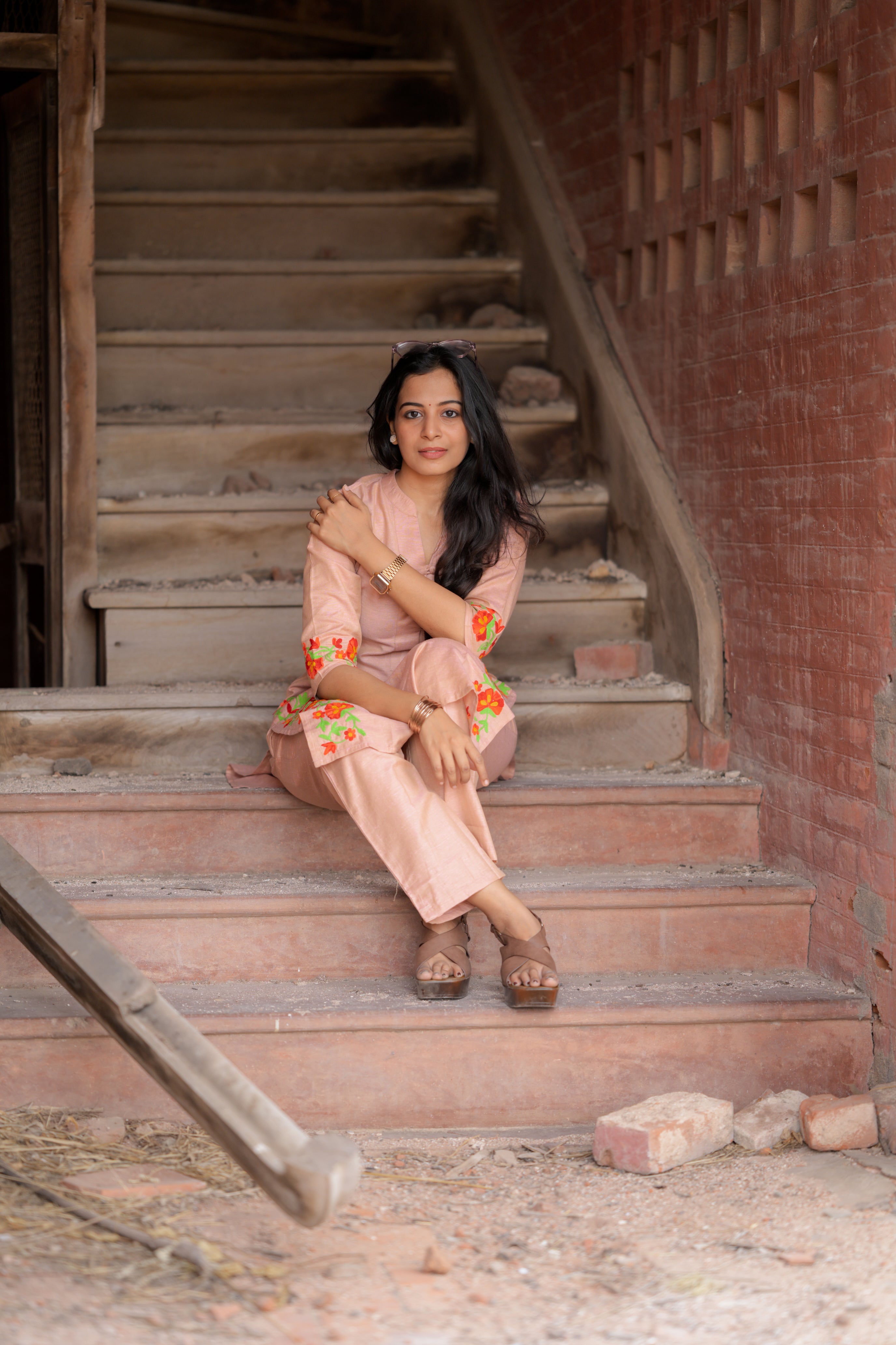 Kadhambari (peach) - khadi linen kurta set in peach with hand embroidery