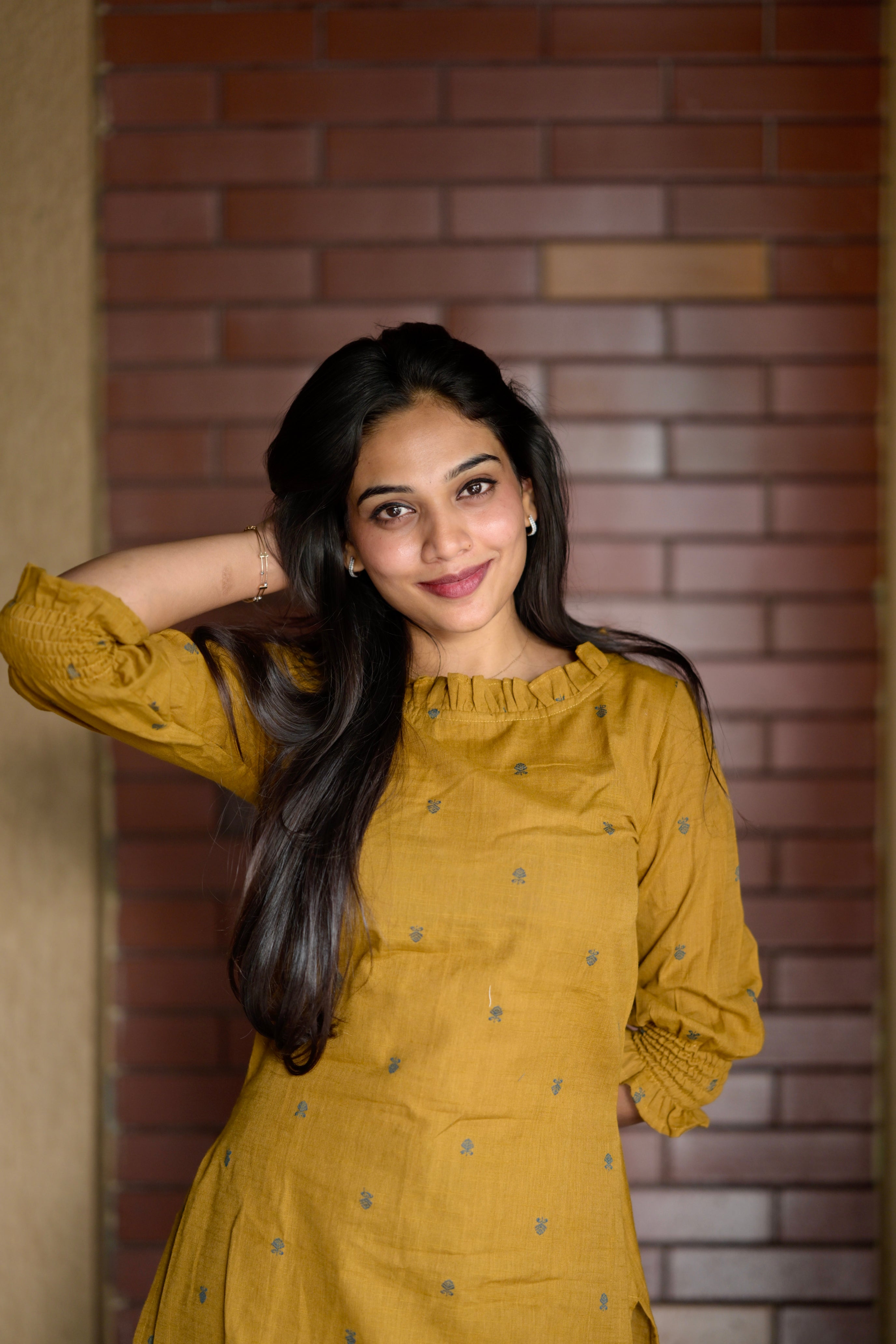 Vedhika ( mustard ) - handloom cotton kurta set in mustard and green