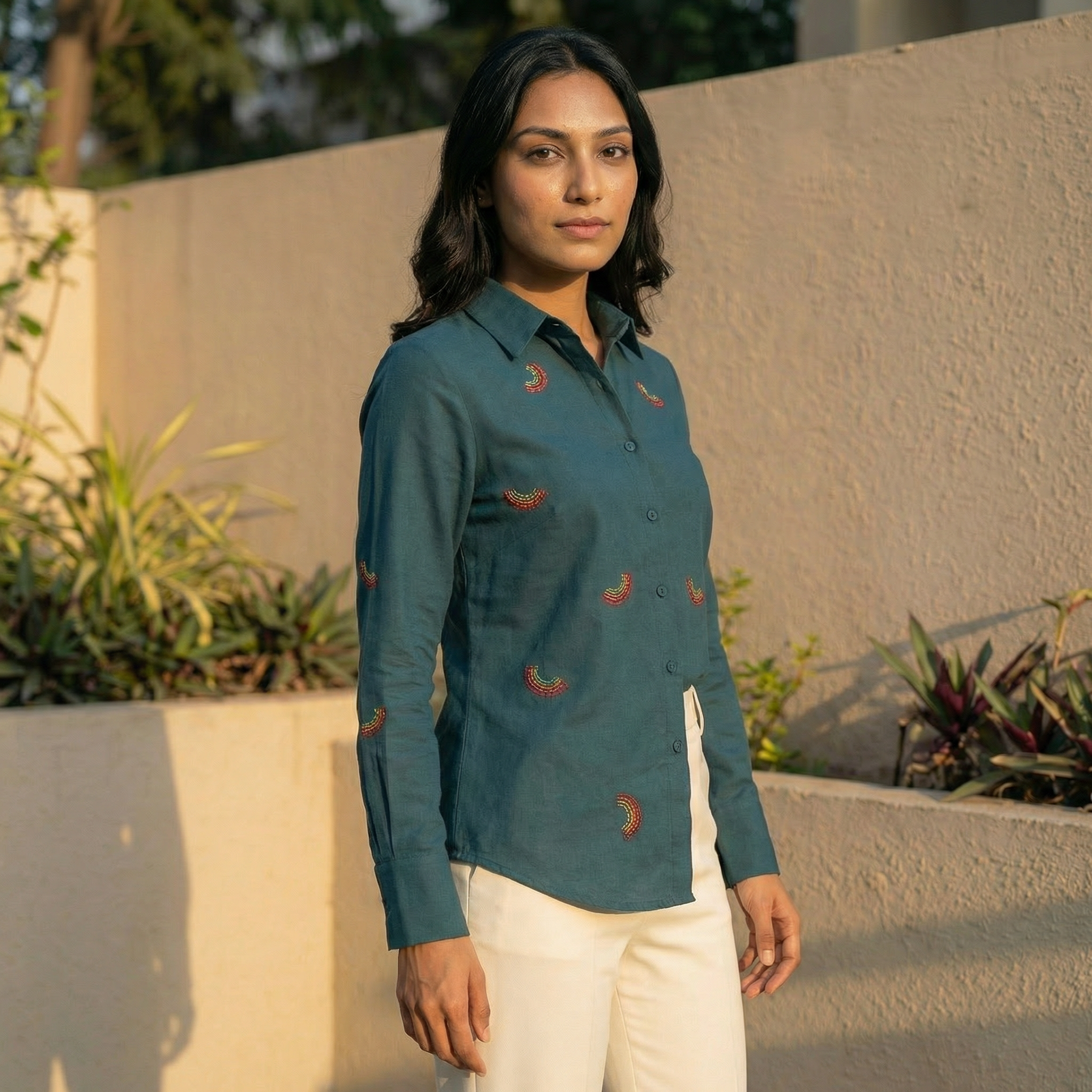 Embroidery shirt 3- Rainbow hand embroidered organic cotton shirt in teal blue