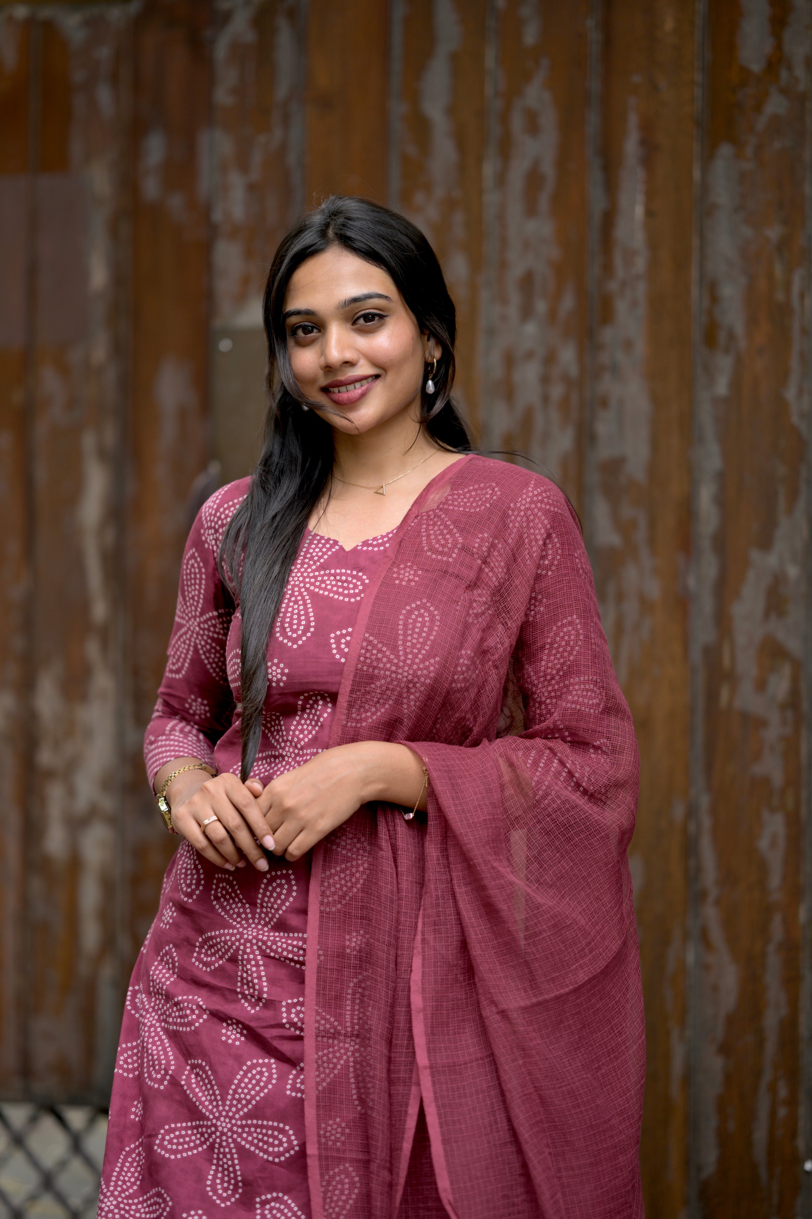 Bhavika - floral bandhini handblock printed cotton suit set in bordeaux wine colour