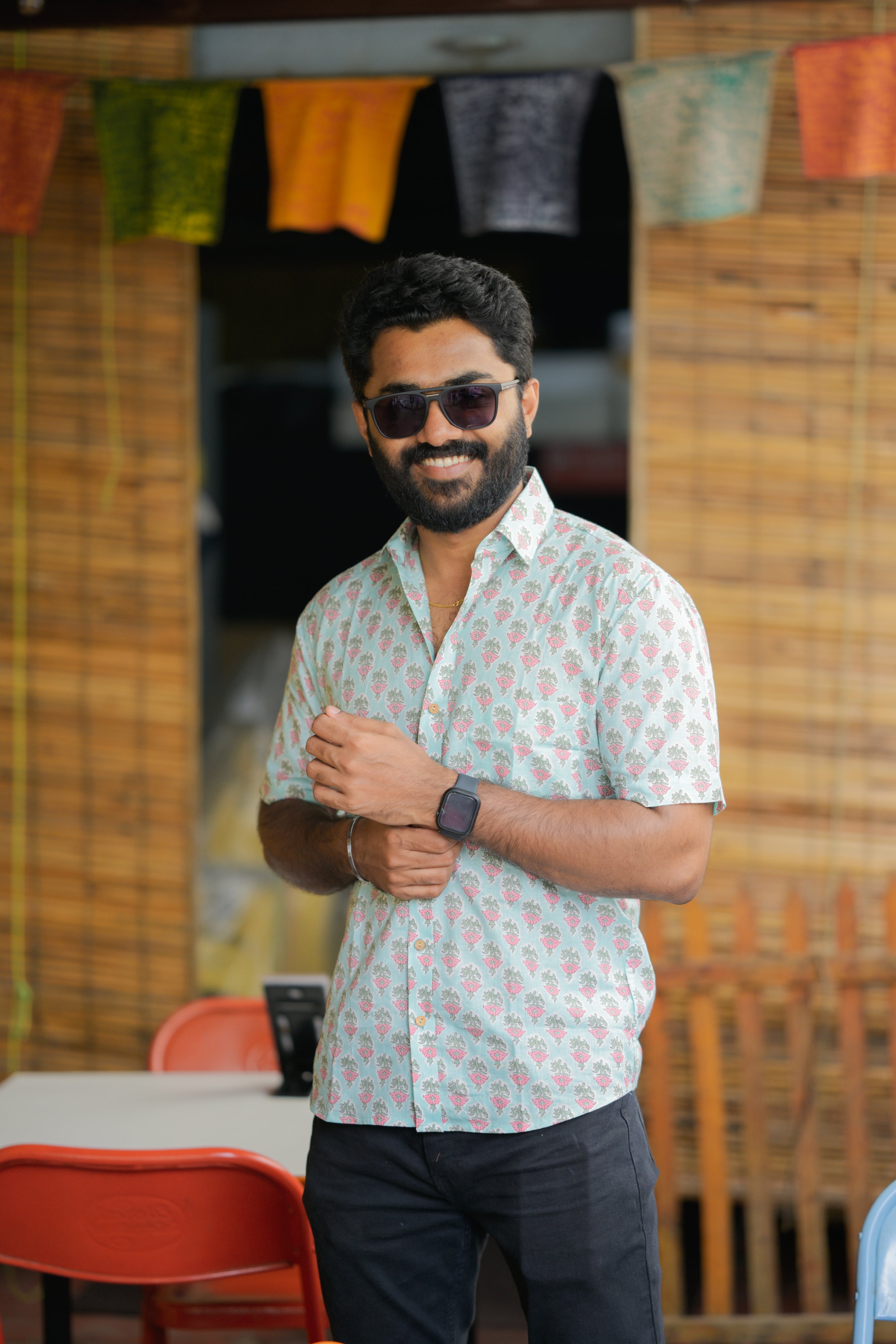 Shirt -25 - floral handblock printed organic cotton shirt in sky blue
